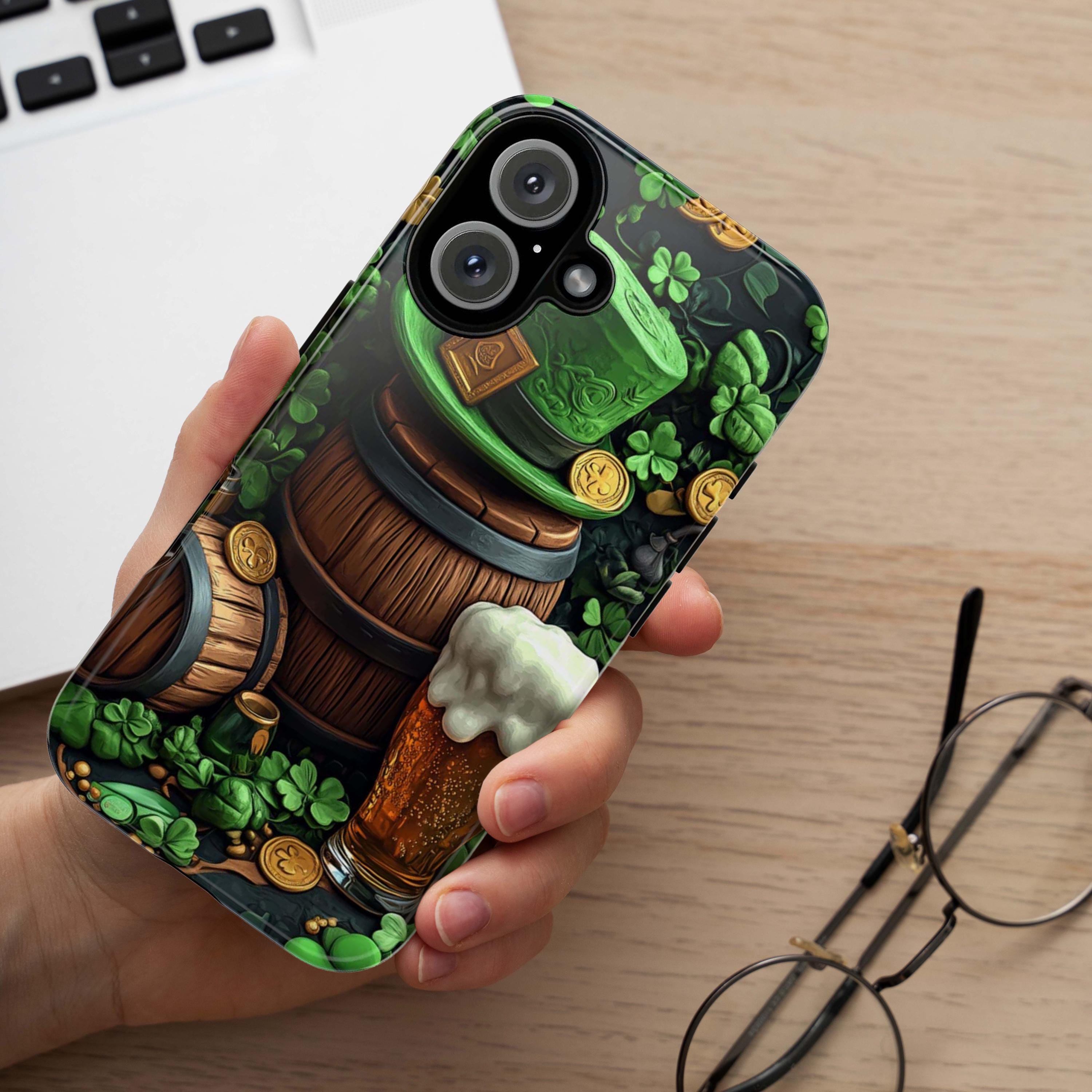 St. Patrick's Day Phone Case with Lucky Shamrocks and Cheerful Beer, Lucky Irish Inspired Cover for iPhone 16, 15, Samsung Galaxy S24, 457.3