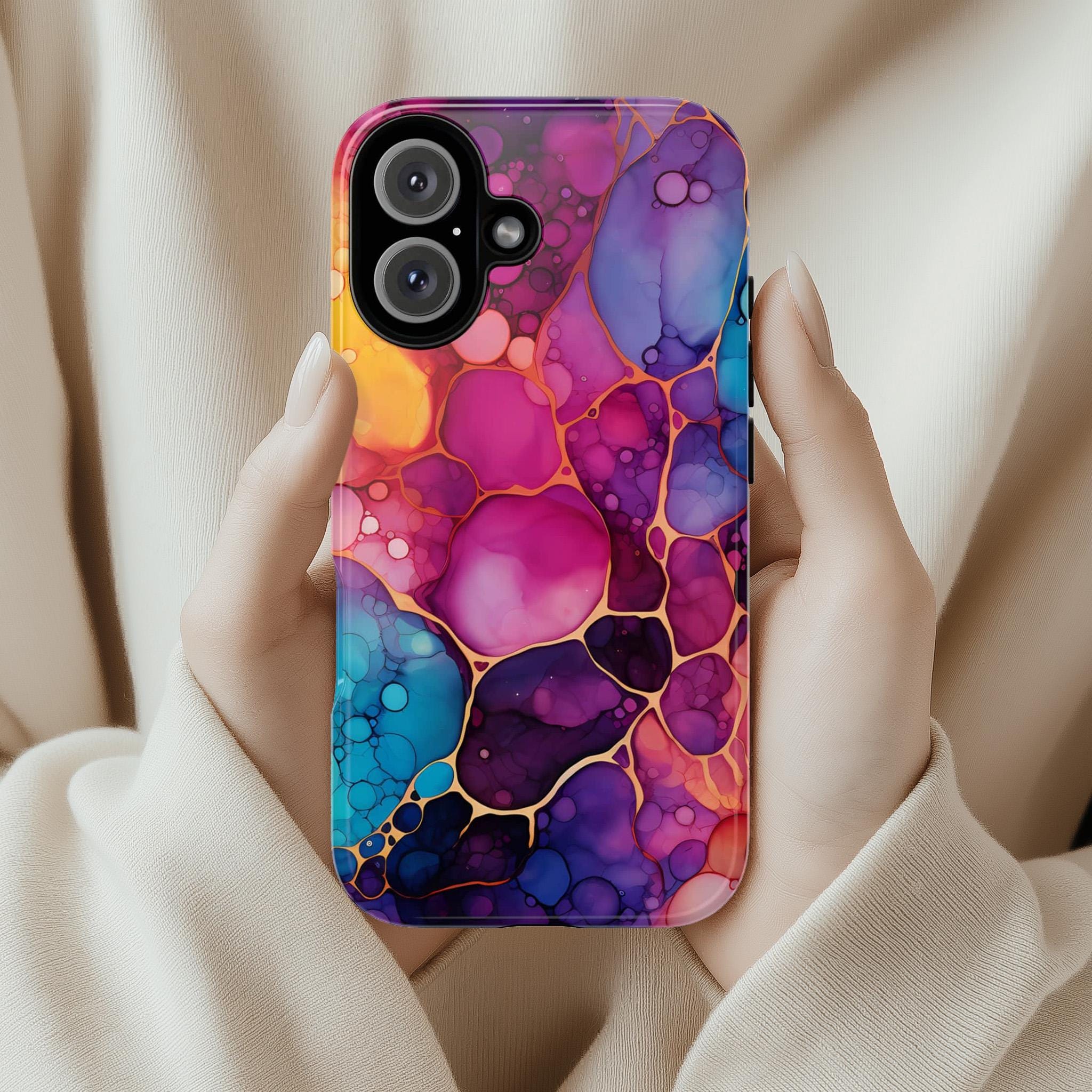 Rainbow Ink Pattern Phone Case, Colorful Phone Cover, Alcoholic Ink Case for iPhone 15 14 13 Pro Max Plus, Samsung Galaxy S23 S22, JAY0005
