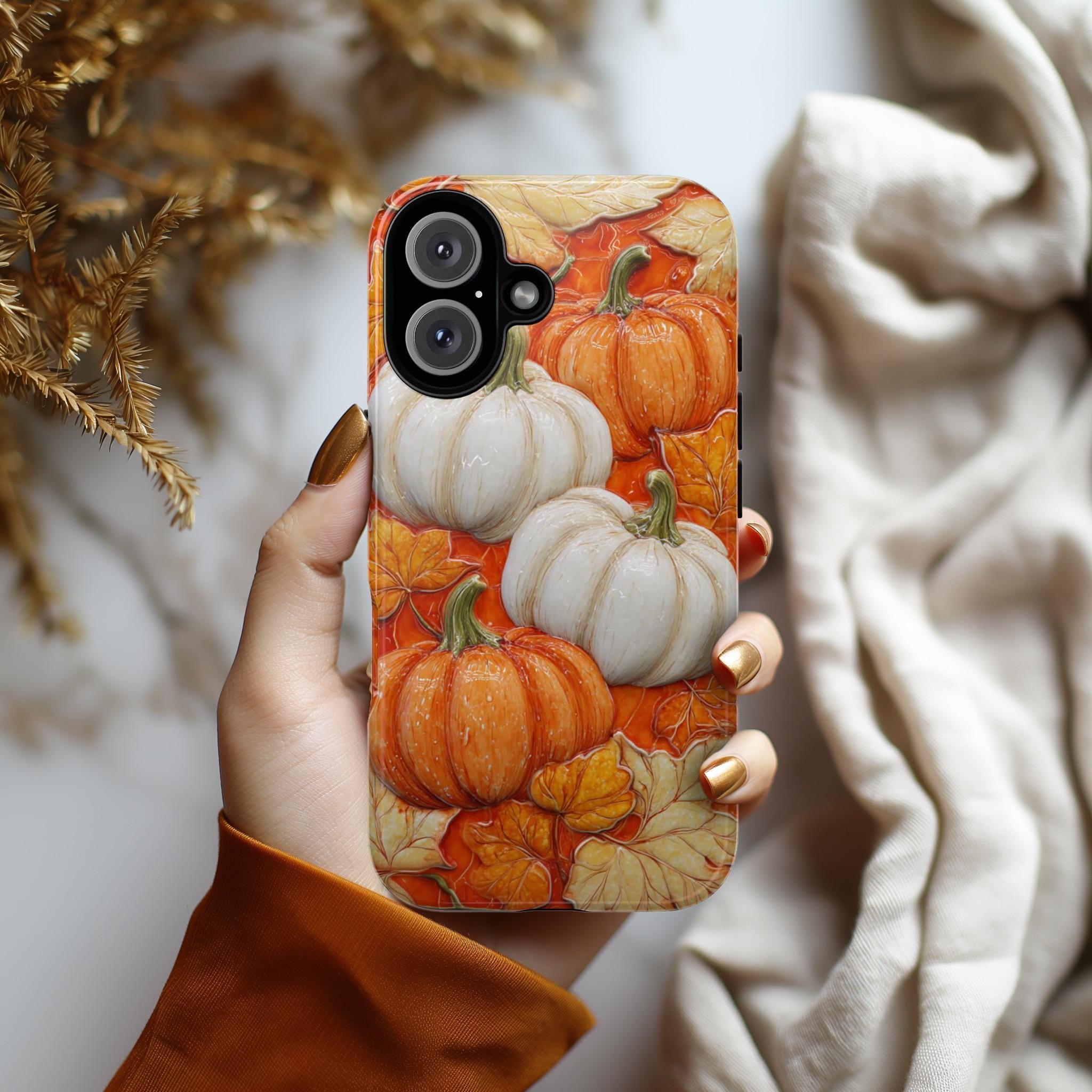 3D Autumn Pumpkin Phone Case, Orange Fall Lovers Phone Case, Festive Seasonal Cover for iPhone 16 15 14 Tough or Magsafe, Samsung, 475.17