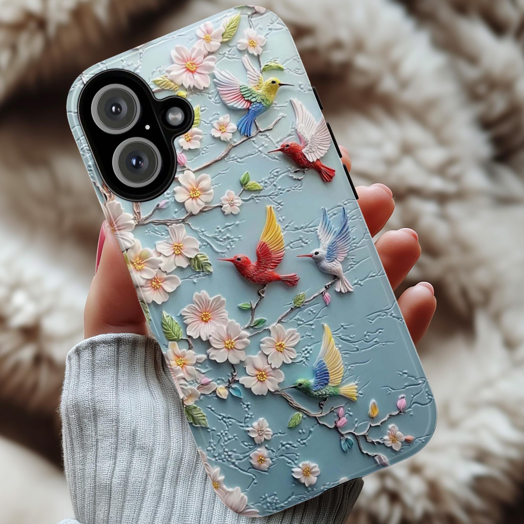 Colorful Hummingbird & Cherry Blossom Phone Case, Spring 3D Floral Design for iPhone 16, 15, 14, 13 Magsafe, Samsung S24, Pixel 9, 419.5