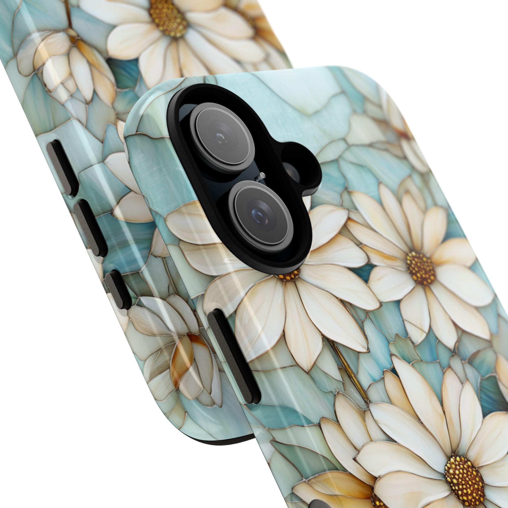 Stained Glass Daisy Floral Phone Case | Elegant Flower Design for iPhone 16 Tough or Magsafe 15 14 13 Plus Pro Max, Galaxy S25, 418.3