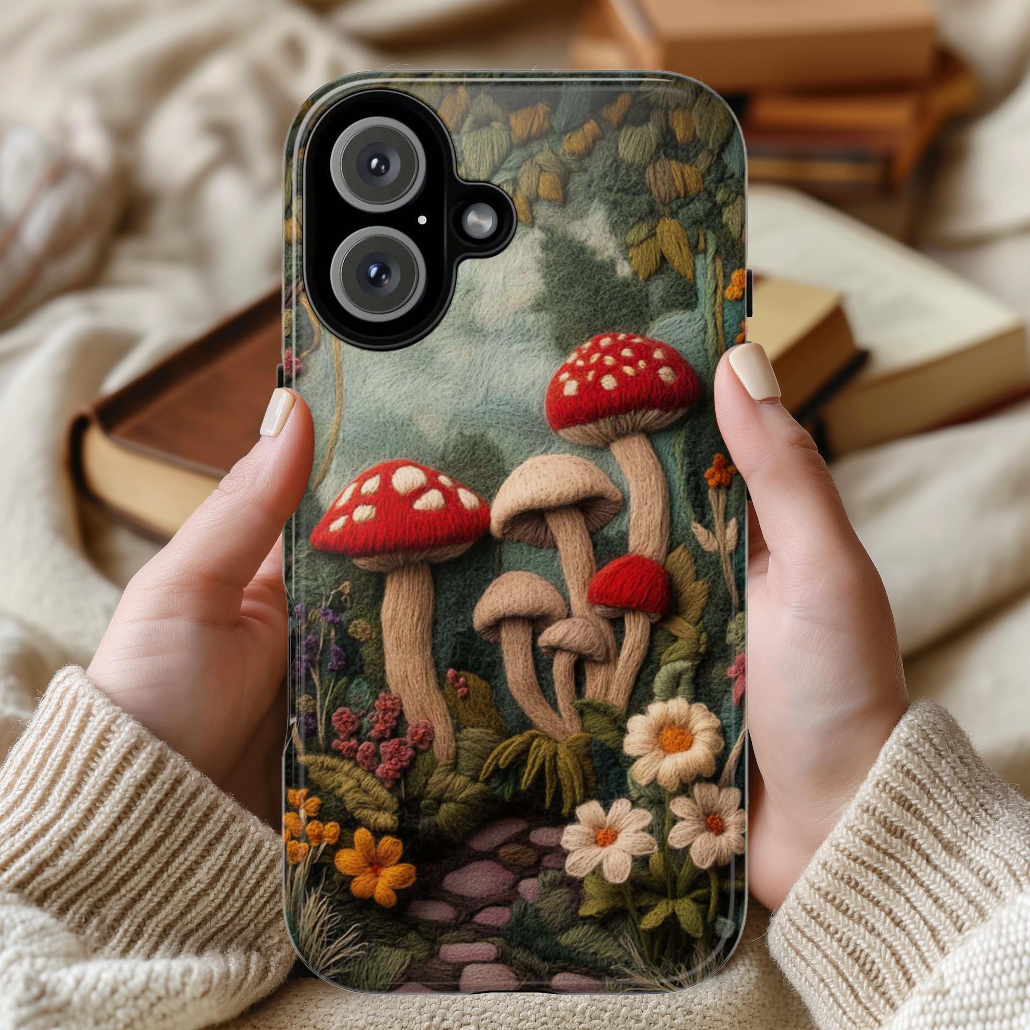 3D Felted Mushroom & Floral Cottagecore Phone Case, Forest Lover Gift, Woodland Case for iPhone 16 15 14 13 Magsafe, Samsung S25, 452.8