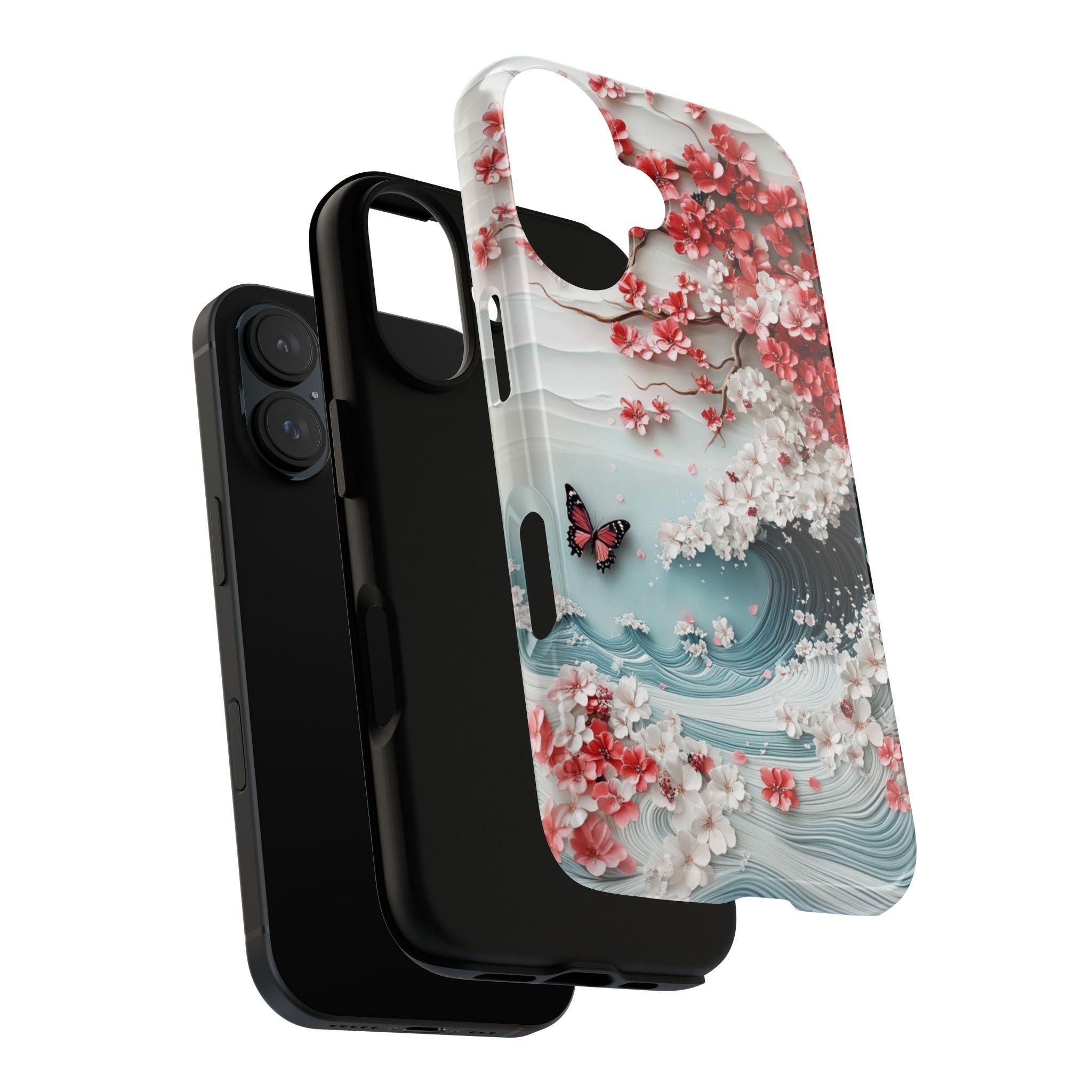 Japanese Cherry Blossom Wave Phone Case, 3D effect Floral & Butterfly Art Design for iPhone 16 15 14 Tough or Magsafe, Samsung S25, 469.7