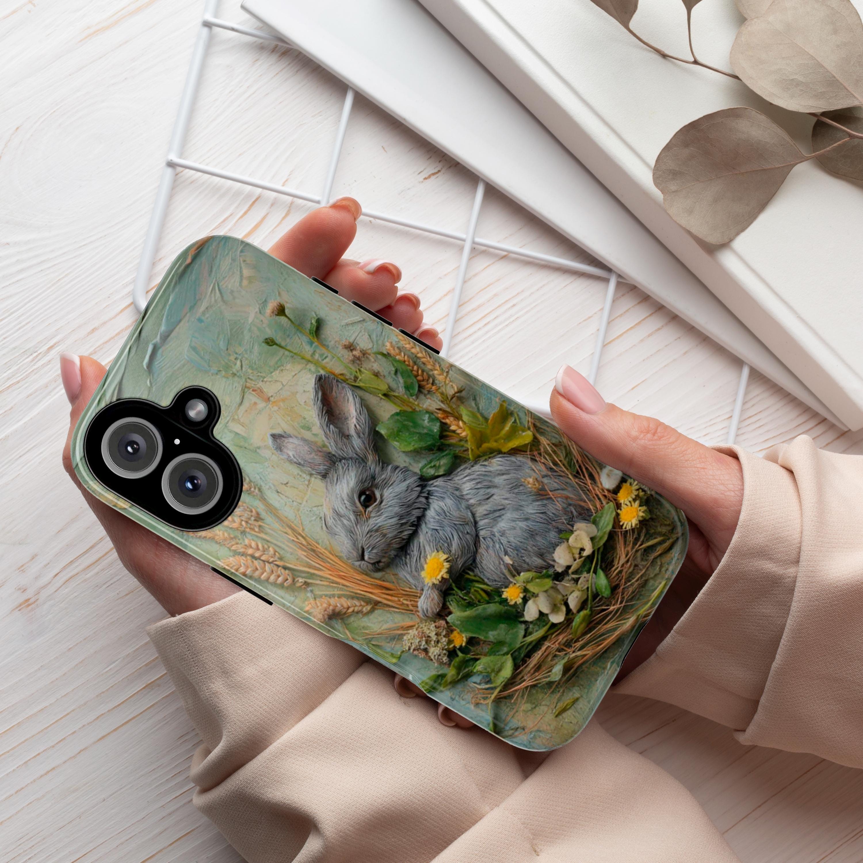 Spring Bunny Phone Case, 3D Floral Design, Easter-Inspired Phone Case for iPhone 16, 15, 14, 13 Magsafe, Samsung Galaxy S24, Pixel 9, 464.1