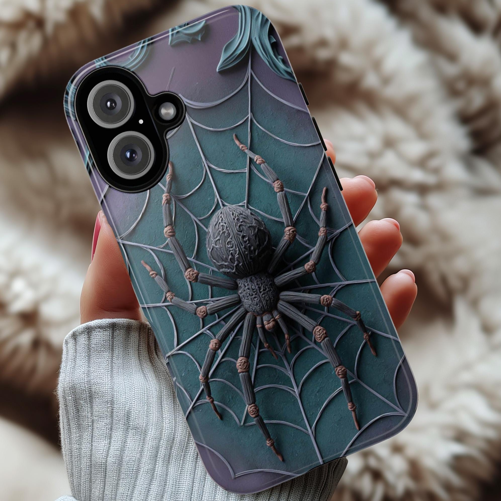 Halloween Spider 3D Phone Case, Creepy Spider Phone Cover, Spooky Horror Lovers for iPhone 16 15 14 13 Tough or Magsafe, Samsung, 475.6