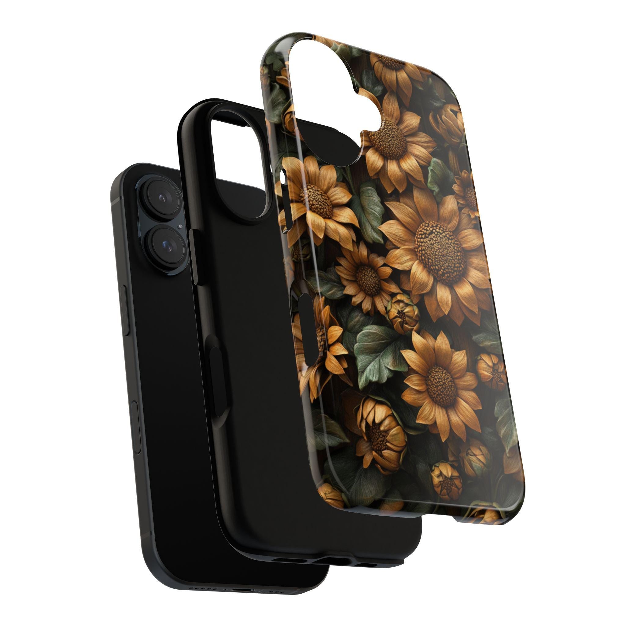 3D Sunflowers Wood Carved Flowers Phone Case, Floral Artistic Protective Cover for iPhone 16, 15, 14, 13 Magsafe & Samsung, Pixel, 439.38