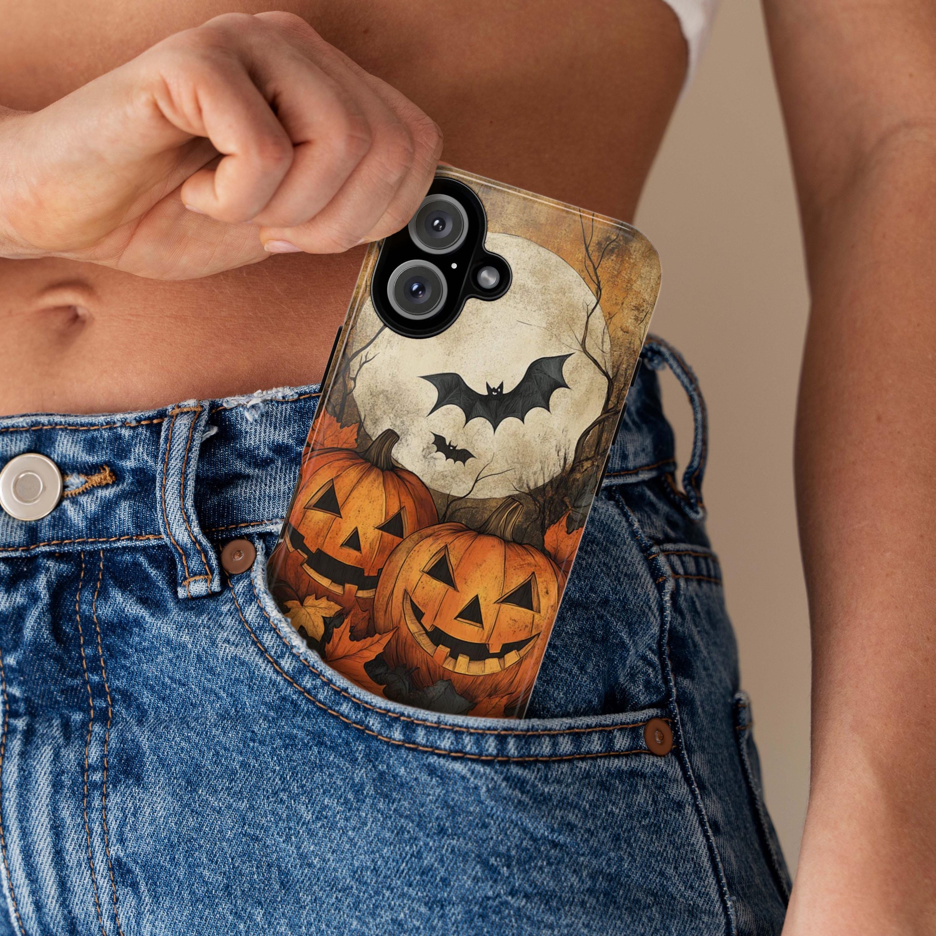 Halloween Autumn Phone Case, Pumpkins Bats & Moon, Spooky Seasonal Cover in Artistic Fall Style for iPhone Tough or Magsafe, Samsung, 475.2