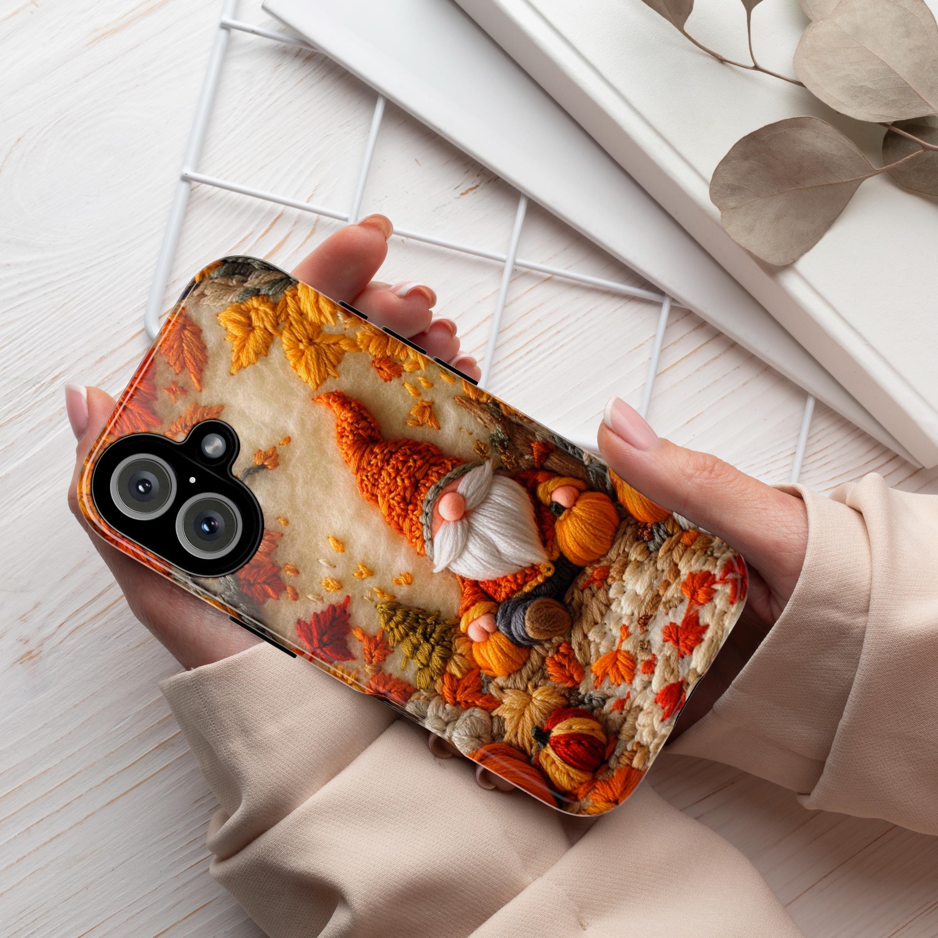 Fall Gnome Embroidery MagSafe Phone Case, Cozy Autumn Design with Fall Leaves and Pumpkins Case i Phone 15 14 13 12 / Samsung S24, 452.1