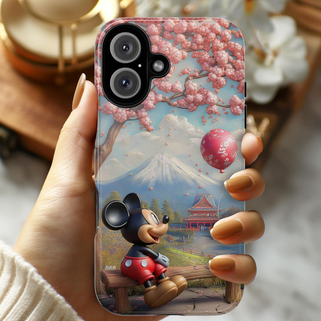 Cherry Blossom and Mountains Mickey Mouse Phone Case, Tokyo Disneyland Phone Cover for iPhone 16, 15, 14 Magsafe & Samsung, Pixel, 442.48