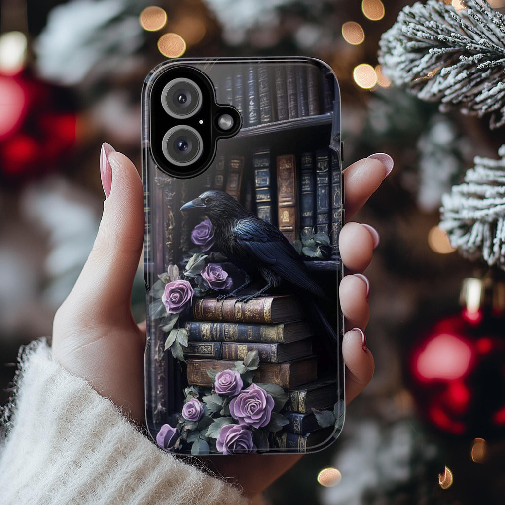 Black Crow with Autumn Bookshelf and Flowers Phone Case, Gothic Dark Academia, Mystical Cat and Floral Art for iPhone 16, Samsung, 423.8
