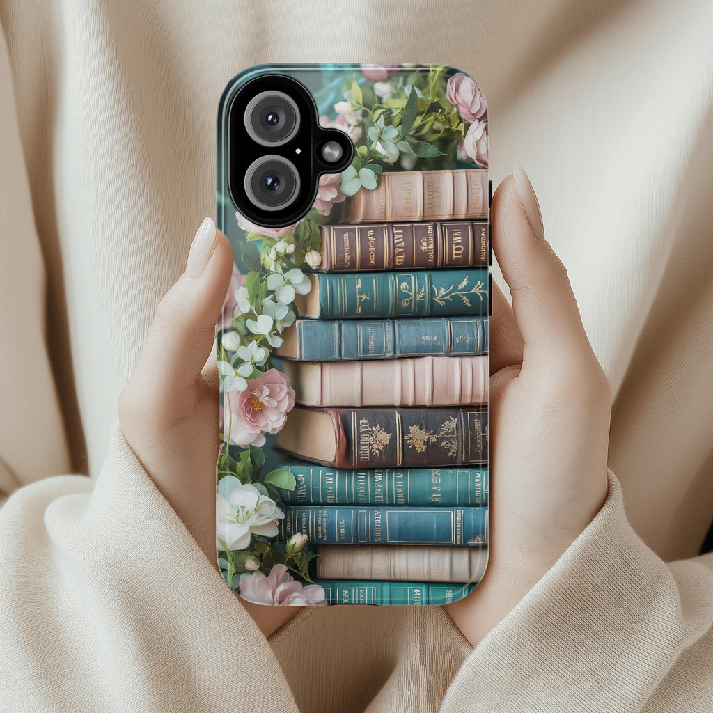3D Books and Floral Phone Case, Pastel Literary Art Phone Case, Bookworms Gift Phone Cover for iPhone Magsafe, Samsung, 423.15