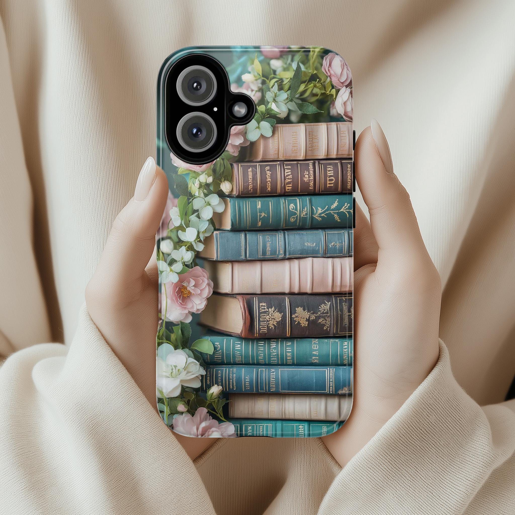 3D Books and Floral Phone Case, Pastel Literary Art Phone Case, Bookworms Gift Phone Cover for iPhone Magsafe, Samsung, 423.15