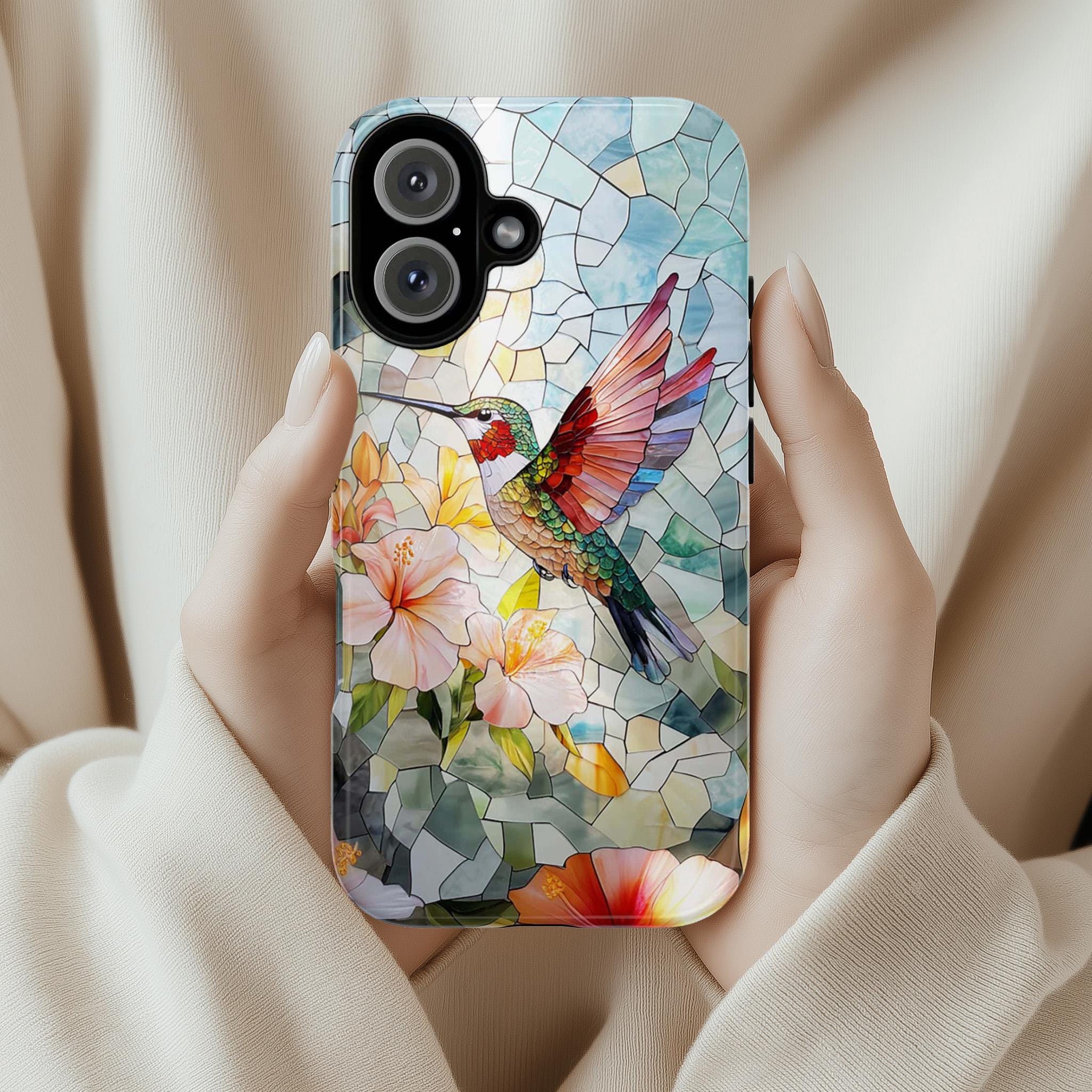 Stained Glass Mosaic Hummingbird Phone Case | Colorful Tropical Floral Design for iPhone 16 Pro Max 15 14 Plus Mag Safe, Samsung S25, 419.4