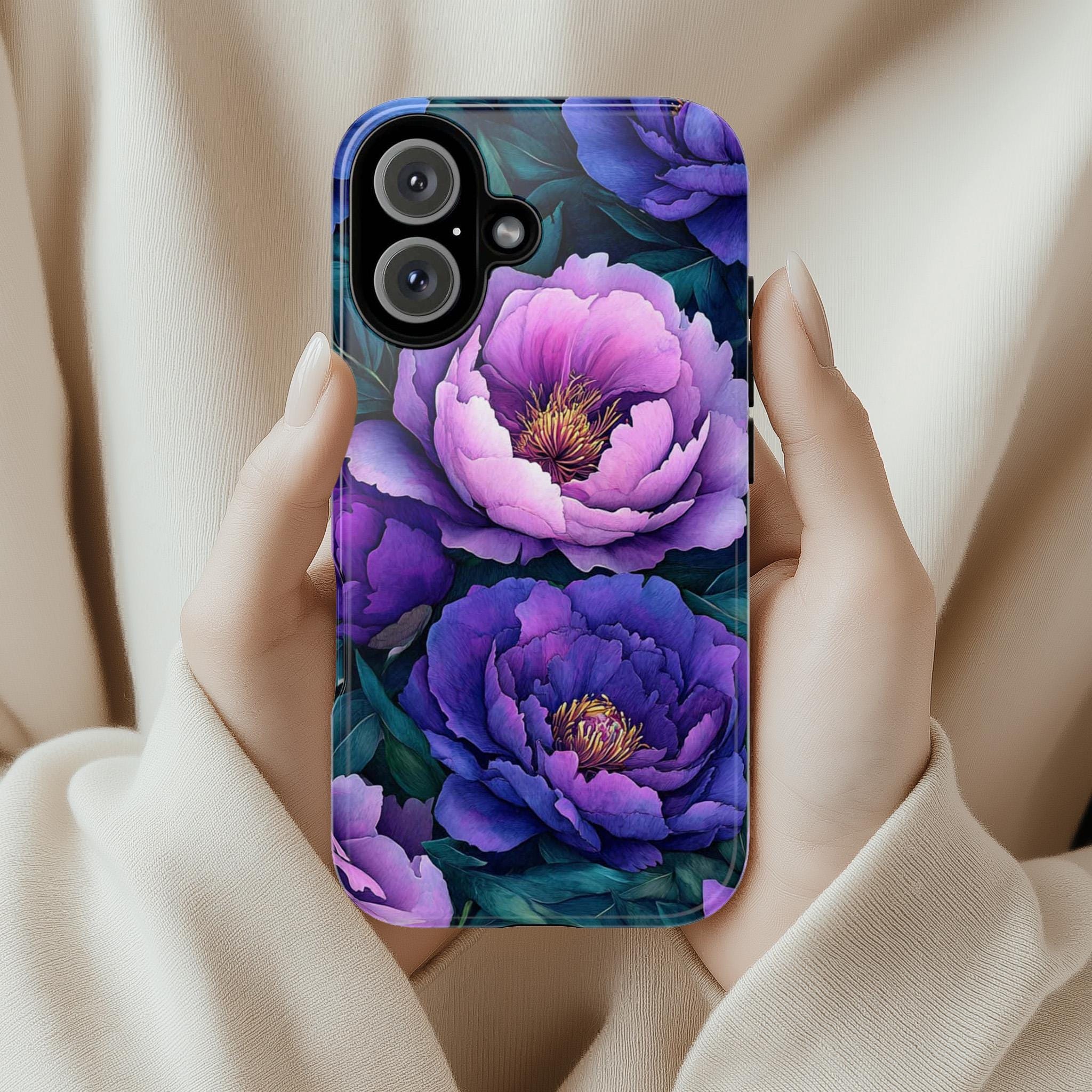 Purple and Pink Peony Floral Phone Case, Botanical Flower Design, Elegant Garden Lovers Case for iPhone 16 15 14 13 Tough or Magsafe, 439.62