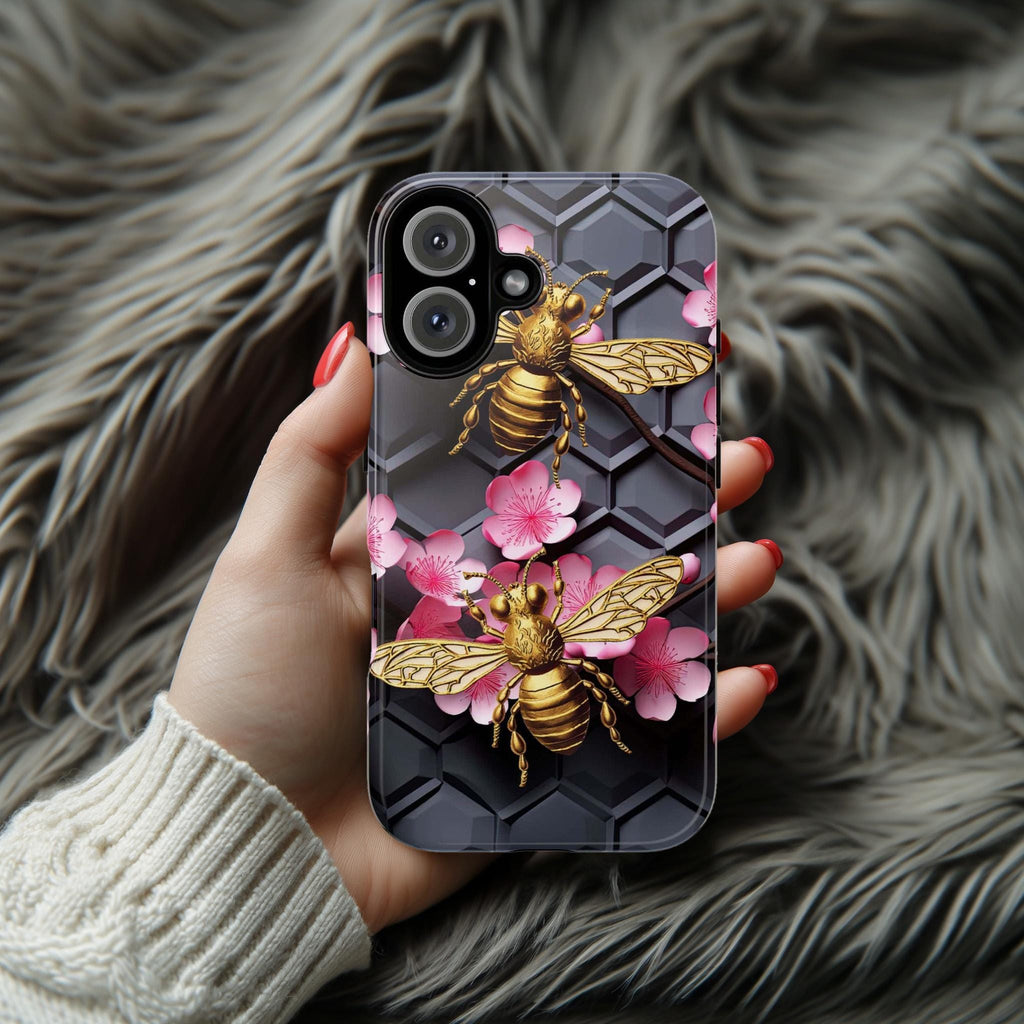 Bumble Bee Floral Lover Phone Case, Honeycomb Bees Phone Cover, Honey Bee Case for iPhone 16 15 14 13 Magsafe / Samsung S25, 102.5
