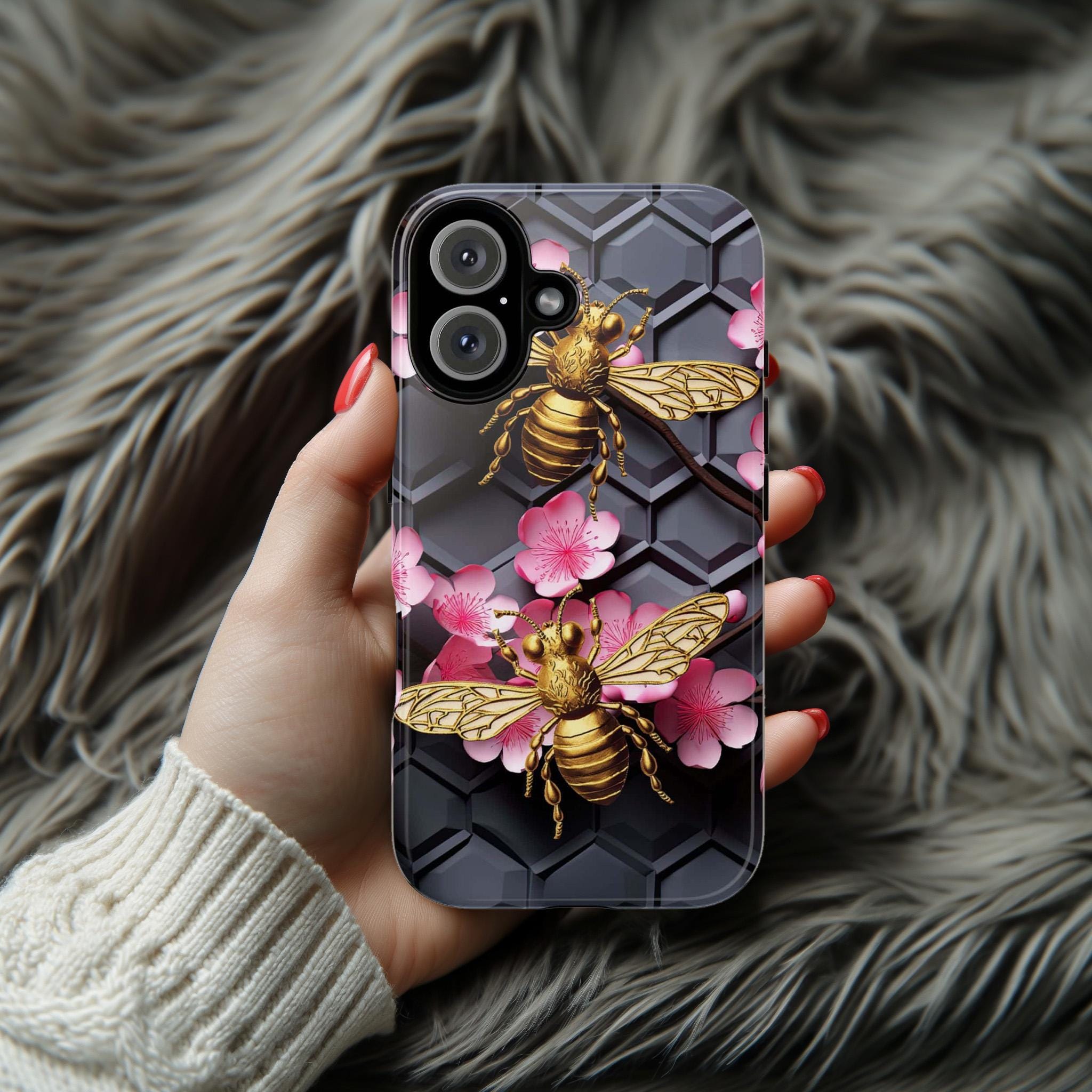 Bumble Bee Floral Lover Phone Case, Honeycomb Bees Phone Cover, Honey Bee Case for iPhone 16 15 14 13 Magsafe / Samsung S25, 102.5