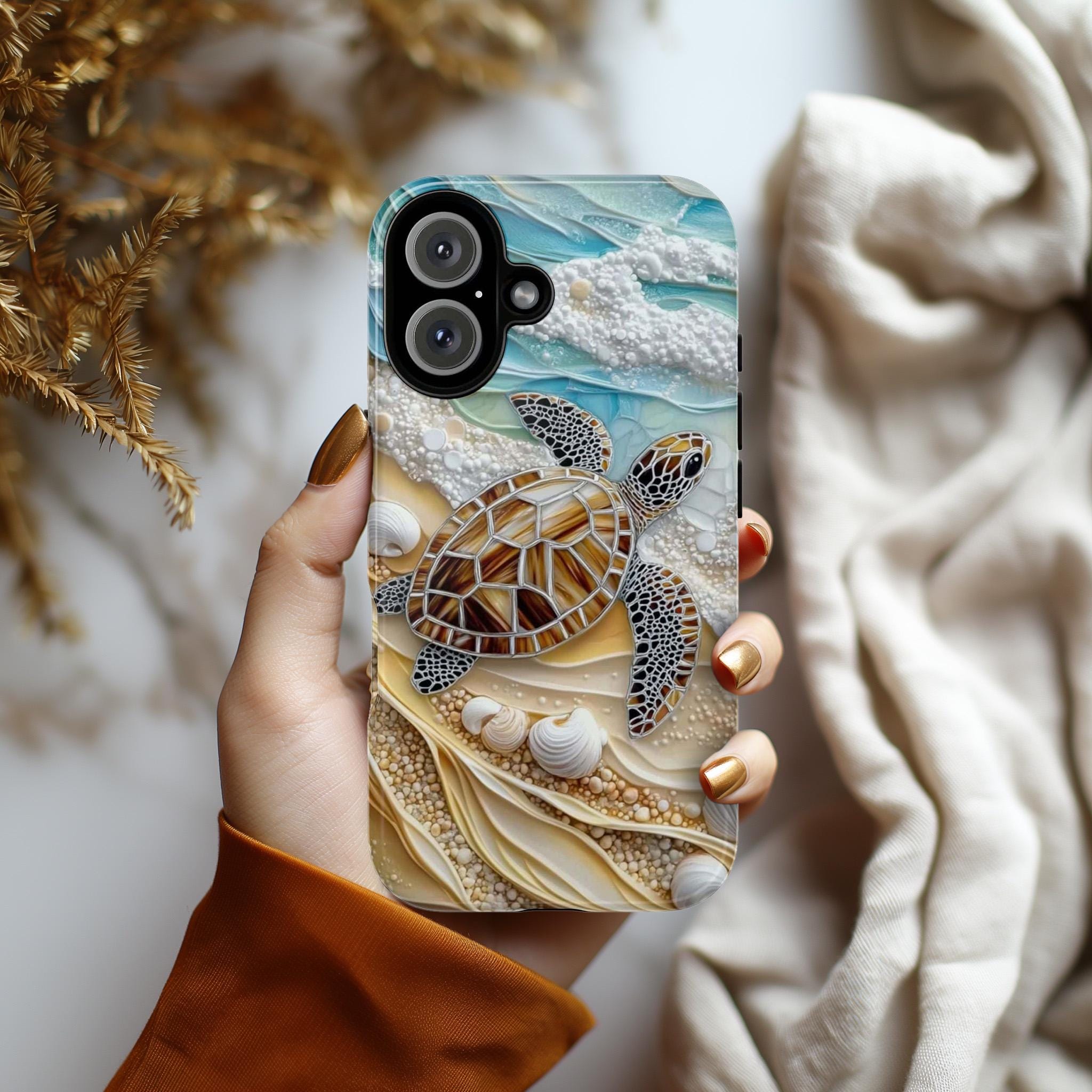 3D Ocean Turtle Beach Phone Case, Sea Waves and Shells Design for iPhone 16, 15, 14, 13 Tough or Magsafe, Samsung Galaxy S25, Pixel 9, 455.9