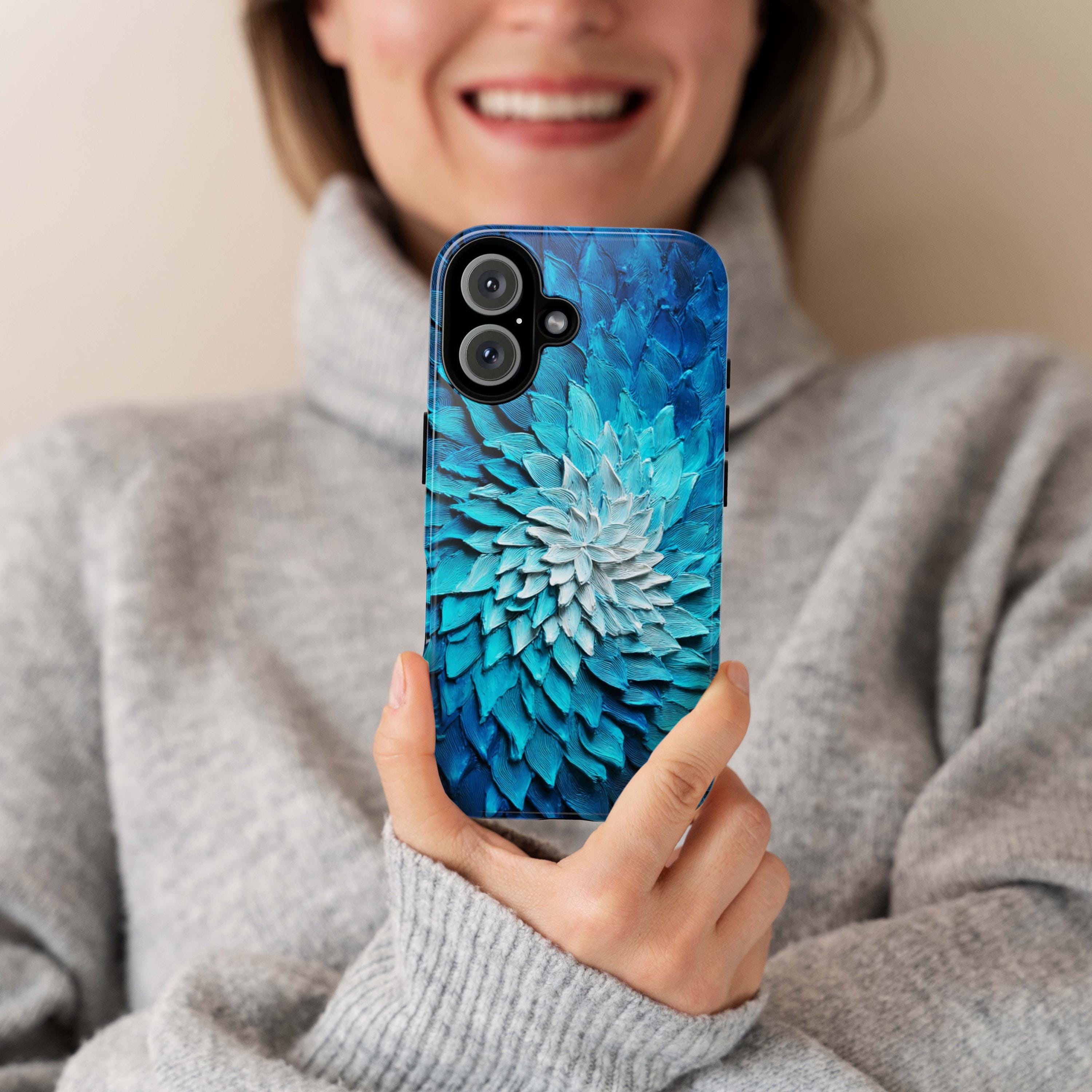 Ocean Blue Dahlia Phone Case, 3D Painted Floral Effect, Artistic Design for iPhone 16 15 14 13 Tough or Magsafe, Samsung, 476.15