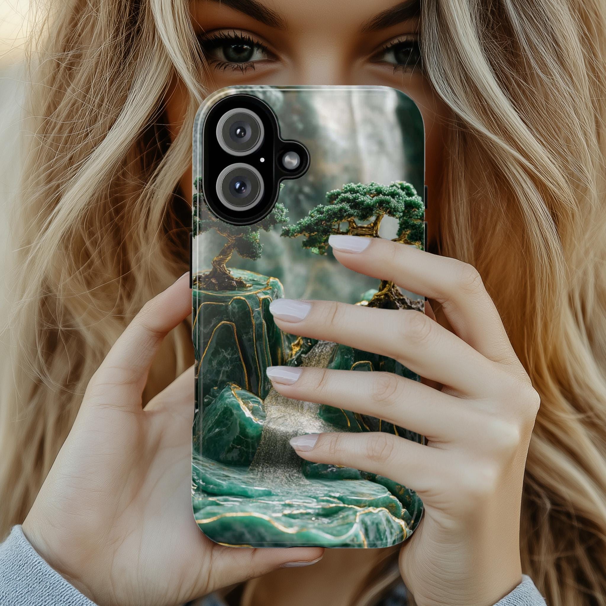 Asian Green Jade Carving Phone Case, Landscape Scenery Art Phone Cover, Aesthetic Phone Cover for iPhone 16 15 Pro Max, Samsung S24, 438.5