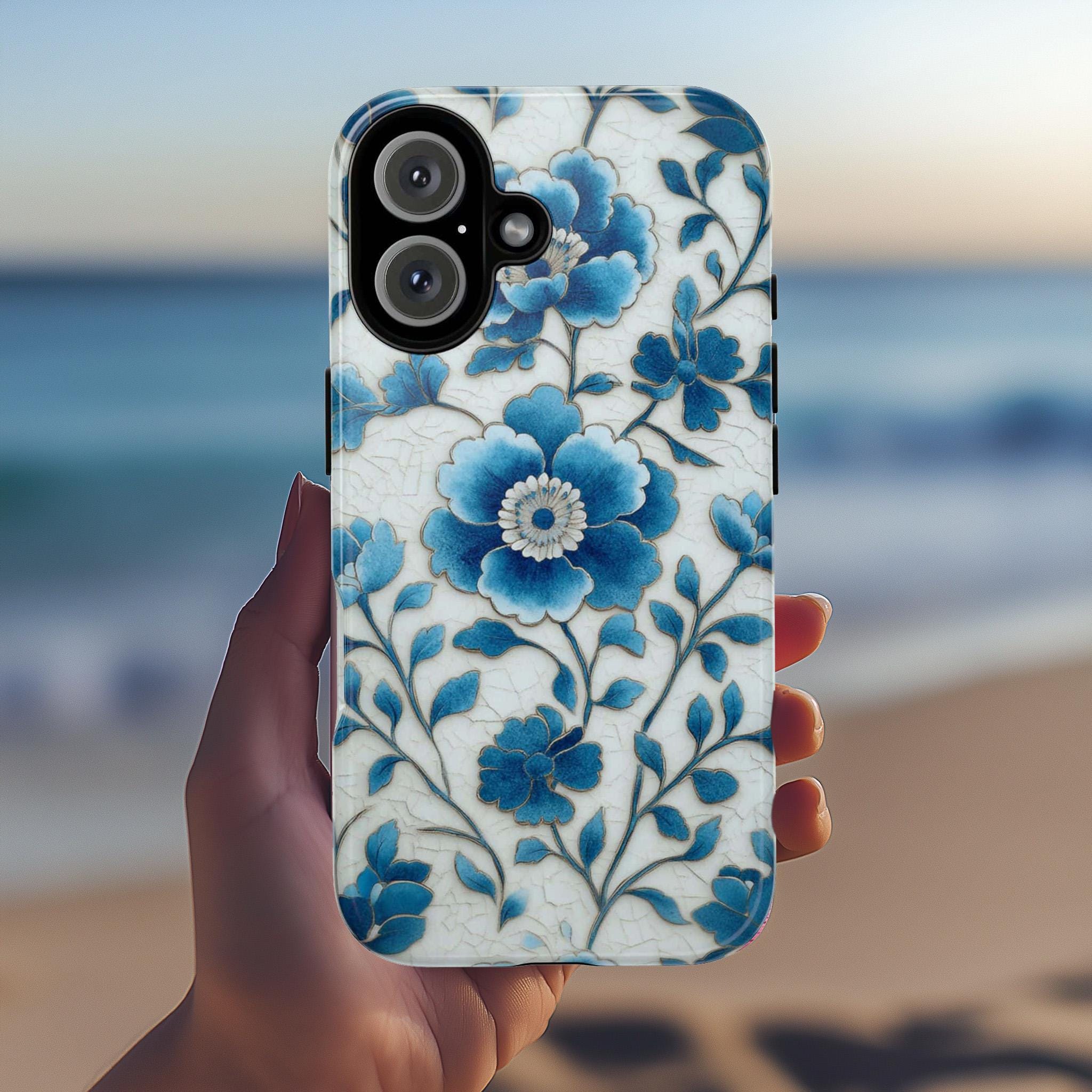Blue Botanical Floral Phone Case, Blue Flowers Phone Case, Vintage Design for iPhone 16 15 14 13 Tough or Magsafe, Samsung, 476.11