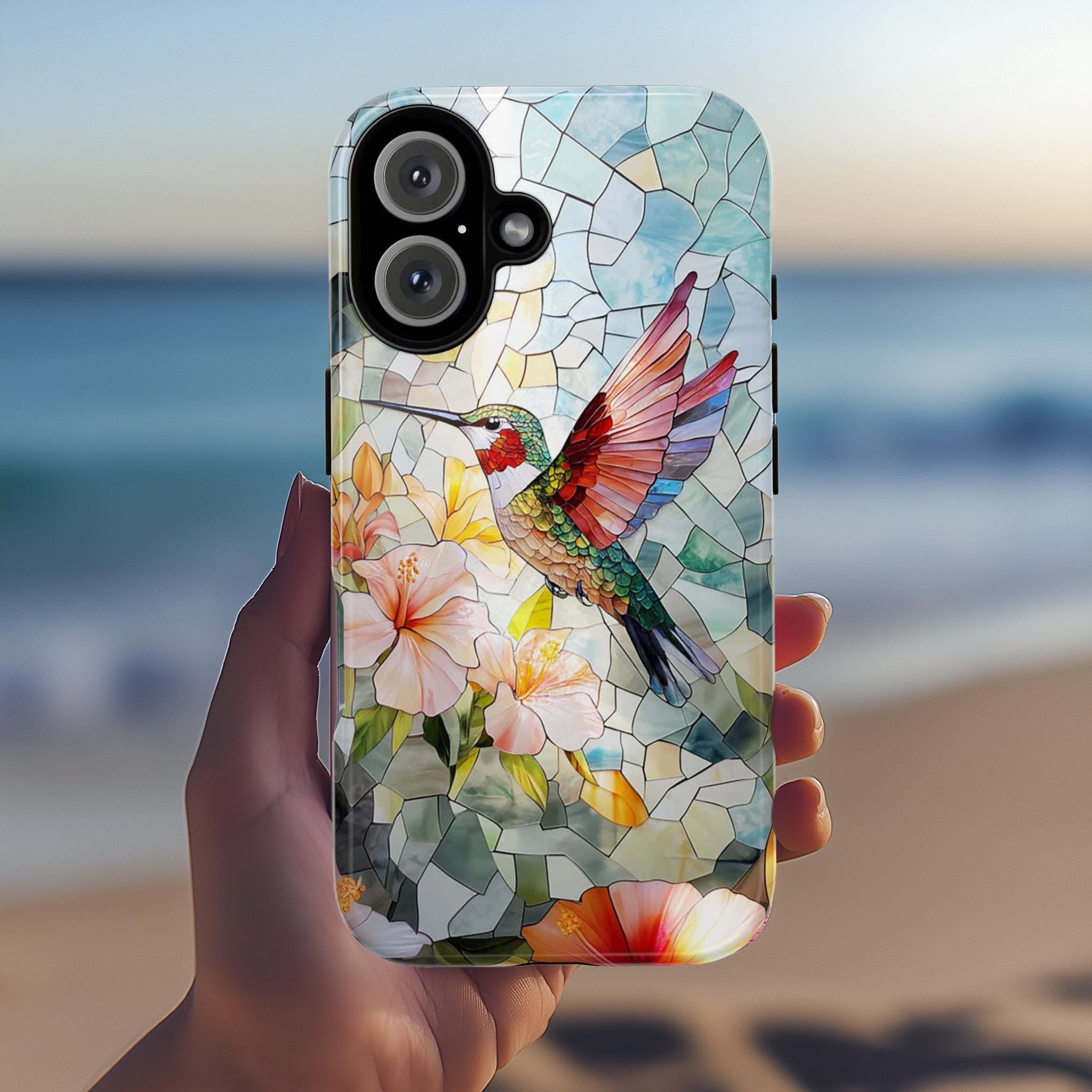 Stained Glass Mosaic Hummingbird Phone Case | Colorful Tropical Floral Design for iPhone 16 Pro Max 15 14 Plus Mag Safe, Samsung S25, 419.4