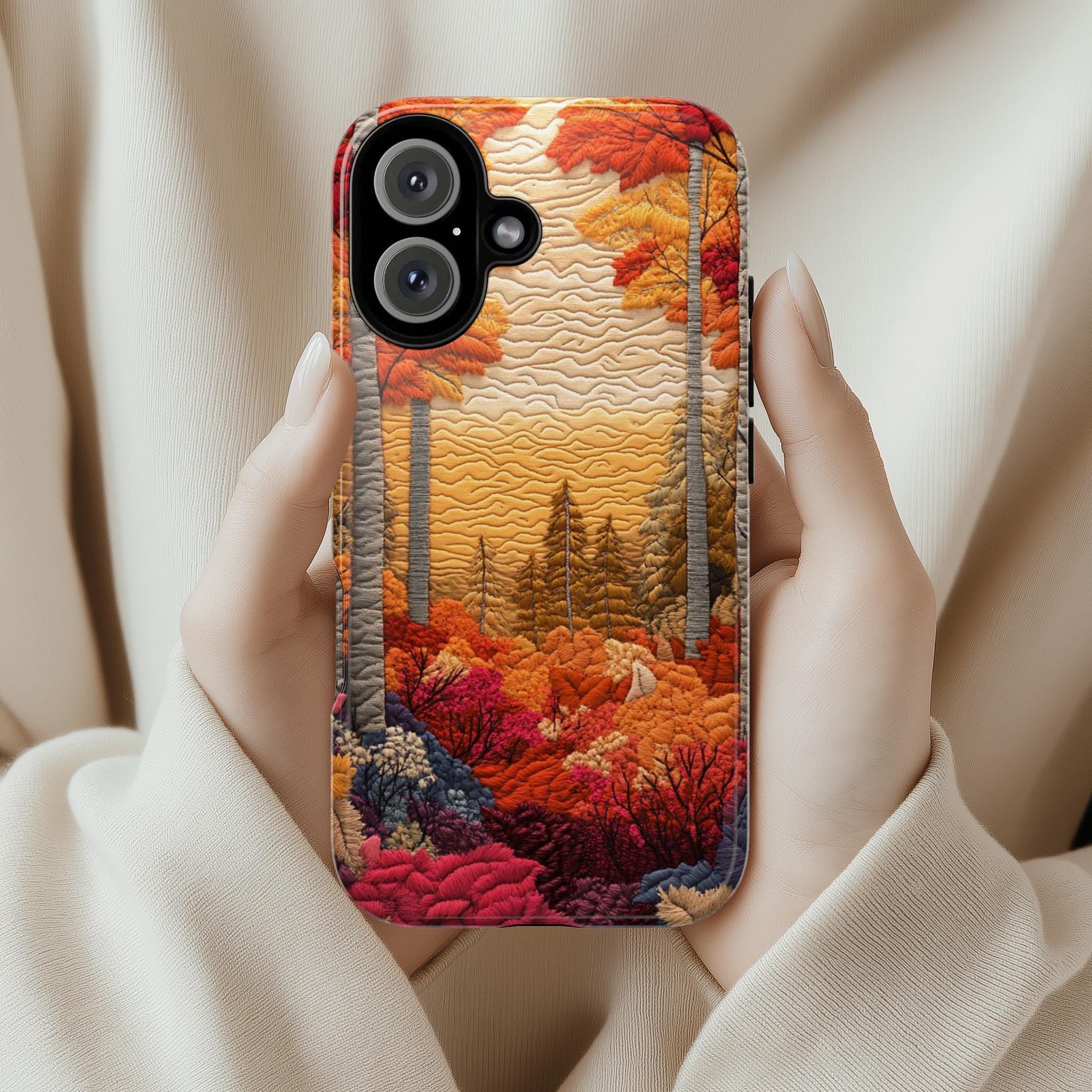 Fall Landscape Patchwork MagSafe Phone Case, Cozy Autumn Design with Fall Forest and Sunset Case for iPhone 16 15 14 13 / Samsung S24, 453.1