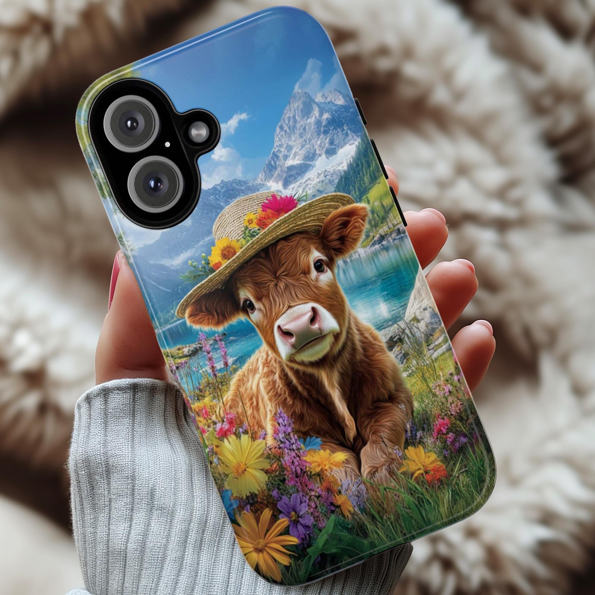 Cute Highland Cow Phone Case, Spring Meadow Floral Design with Mountain & Lake View Phone Cover for iPhone Tough or Magsafe, Samsung, 473.4
