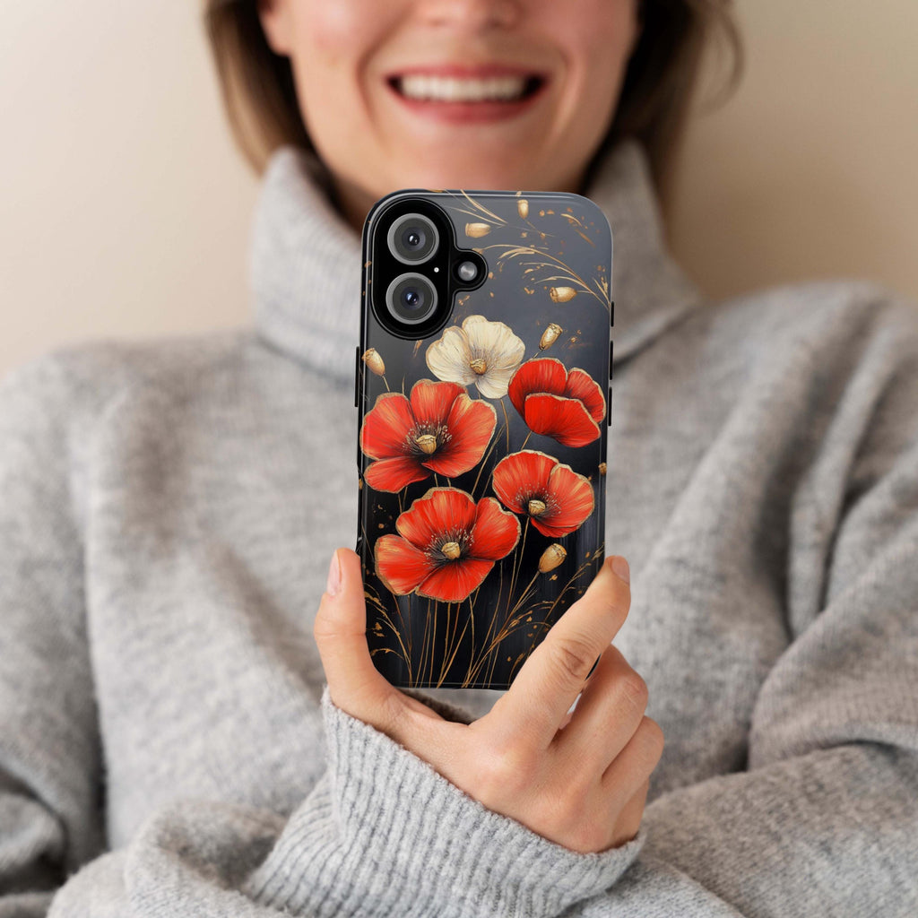 Elegant Poppy Phone Case with Gold, Red, and White Accents, Perfect for Flower Lovers Phone Case for iPhone 16, 15 Magsafe, Samsung, 459.4