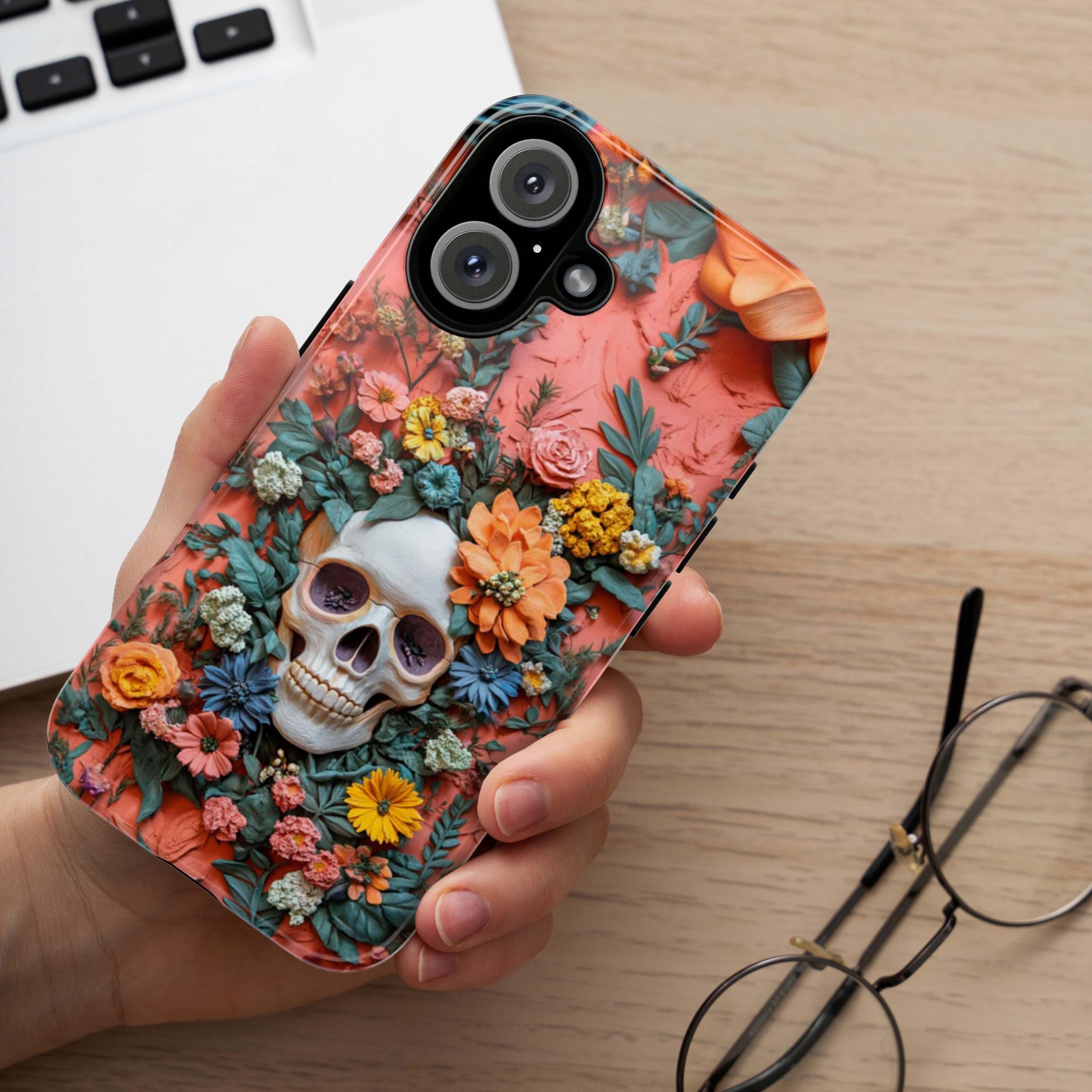 Anatomy Skeleton 3D Design Phone Case, Anatomical Art Design, Flowers & Skeleton Phone Cover for iPhone 16 15 Pro Max, Samsung S24, 435.8