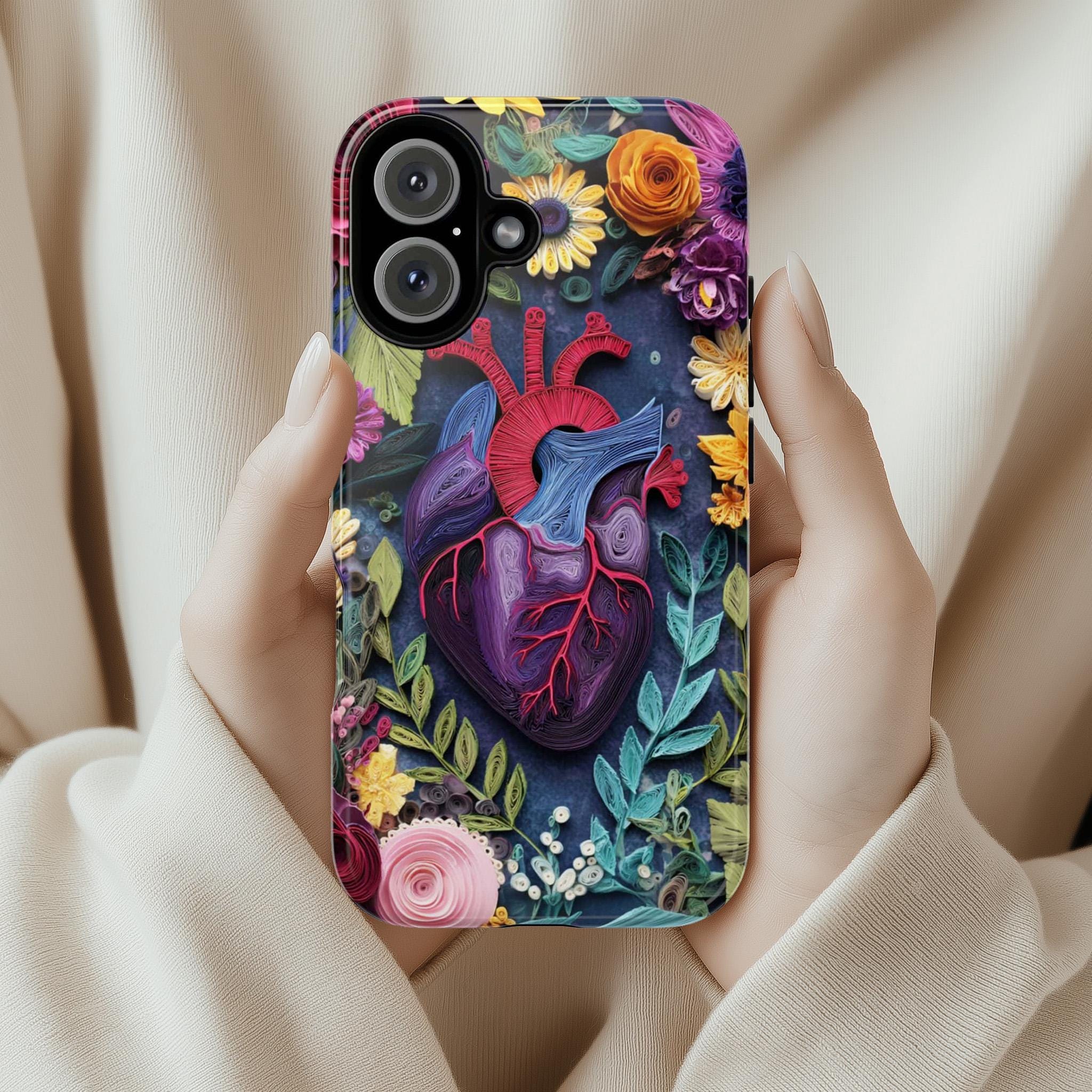Anatomy Heart & Floral Quilling Paper Art 3D Phone Case, Artistic Nature Cover for iPhone 16 15 14 Tough or Magsafe, Samsung, 470.18
