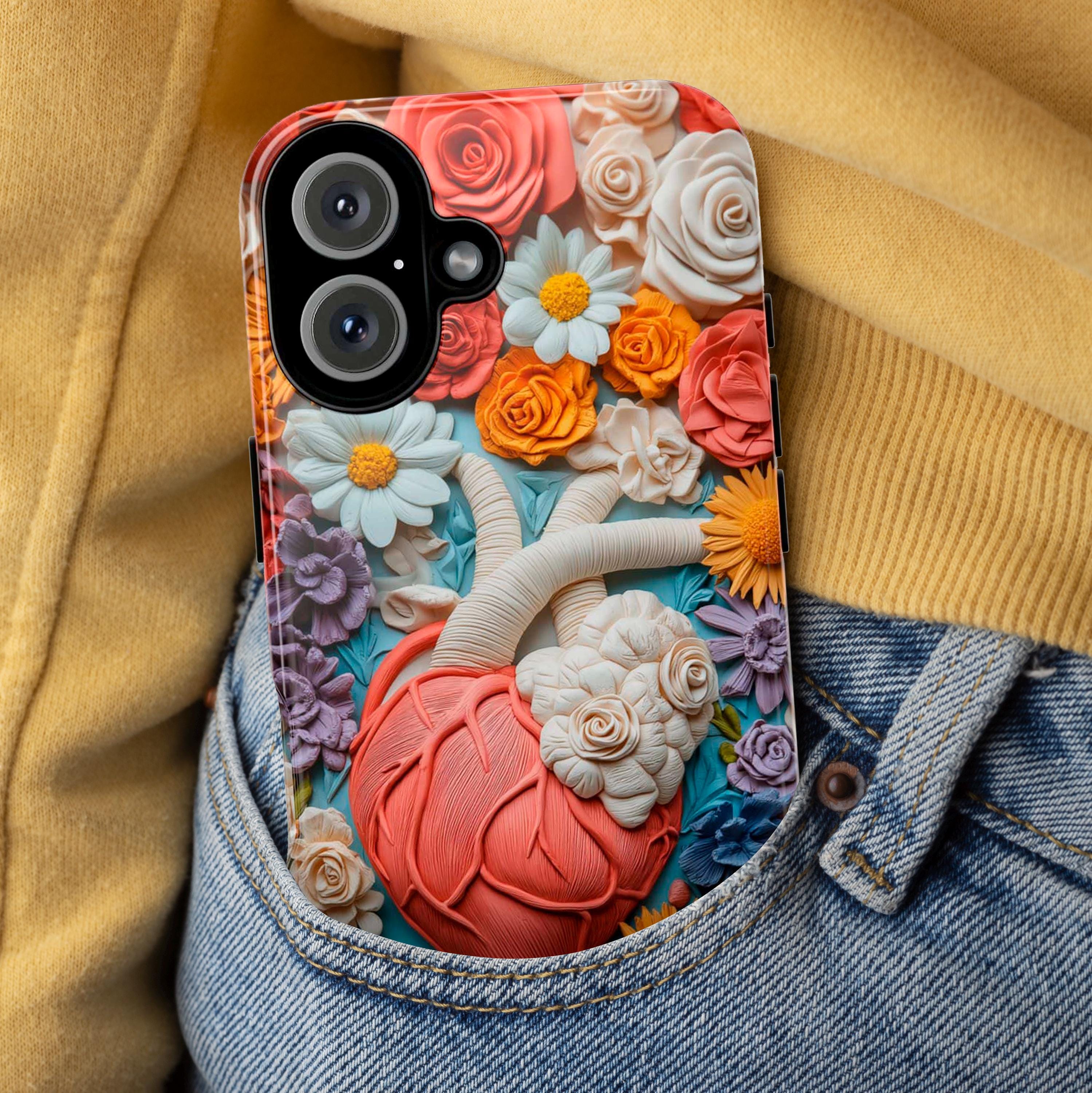 3D Floral Anatomy Heart Phone Case, Anatomical Art Design, Floral Human Cover for iPhone 16 15 14 13 Magsafe or Tough Case, Galaxy, 435.1