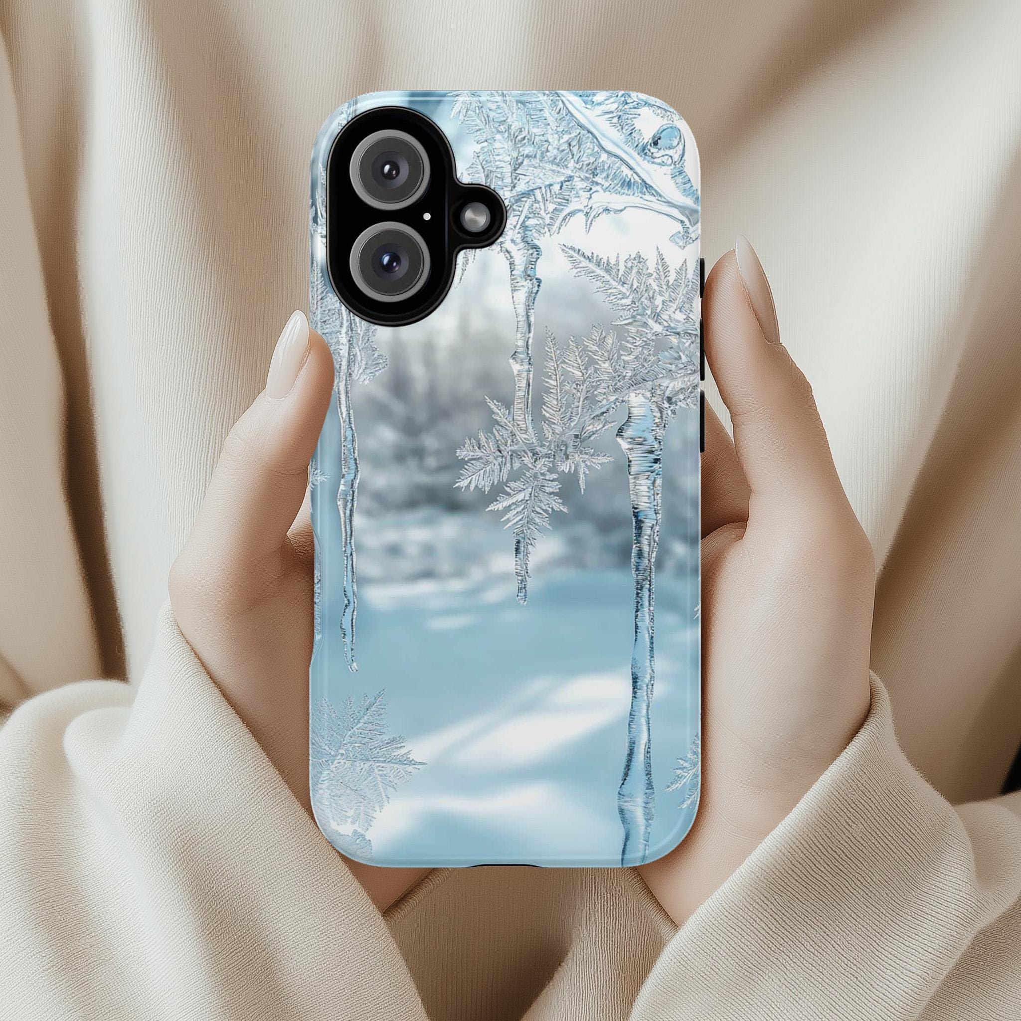 Snowy WinterLandscape with Icicles Phone Case | Aesthetic Holiday Design for iPhone 16 Pro Max 15 14 13 Plus Mag Safe, Galaxy 25, 420.6