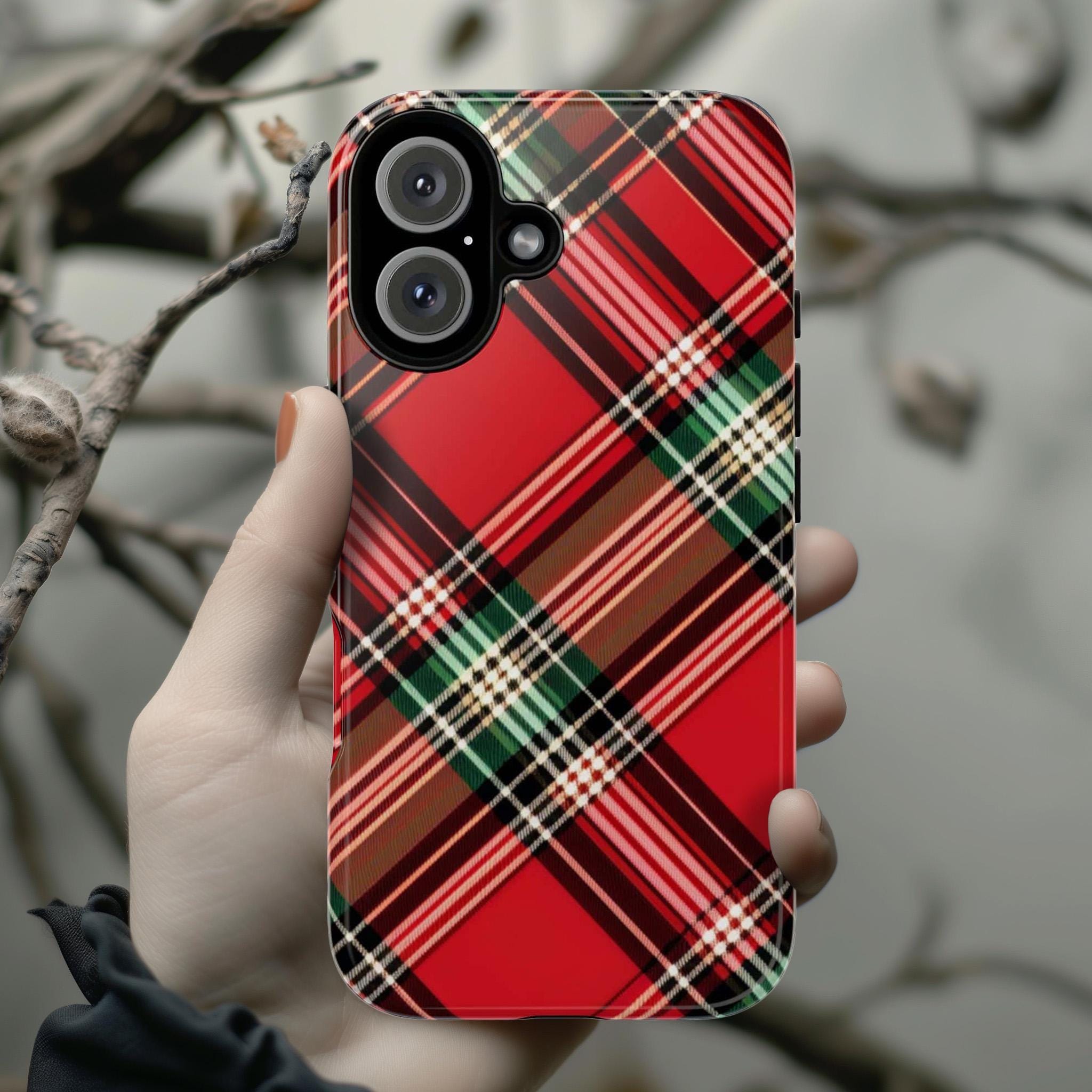 Christmas Plaid Xmas Phone Case Holiday Holly Phone Case, Custom Winter Phone Cover for iPhone 16 15 14 13 Pro Max Plus/Samsung S25, 108