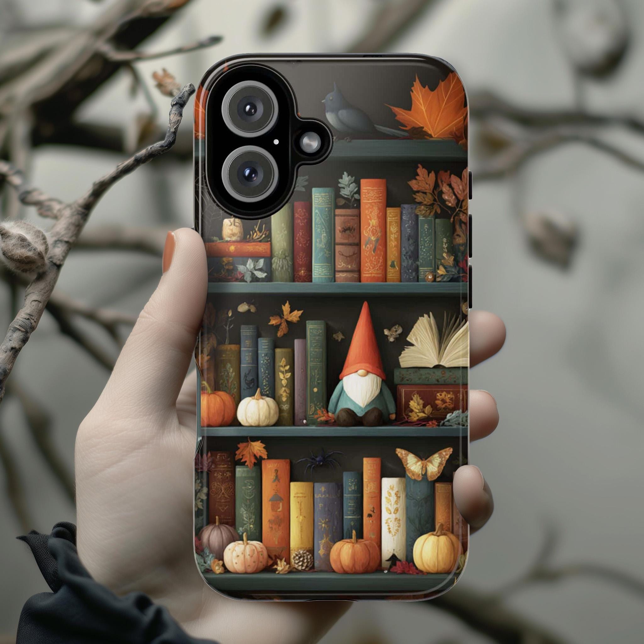 Library Gnome Fall Phone Case, Cute Halloween Gnome with Books, Book Lover Cover for iPhone 17 16 15 Tough or Magsafe, Samsung, 480.6