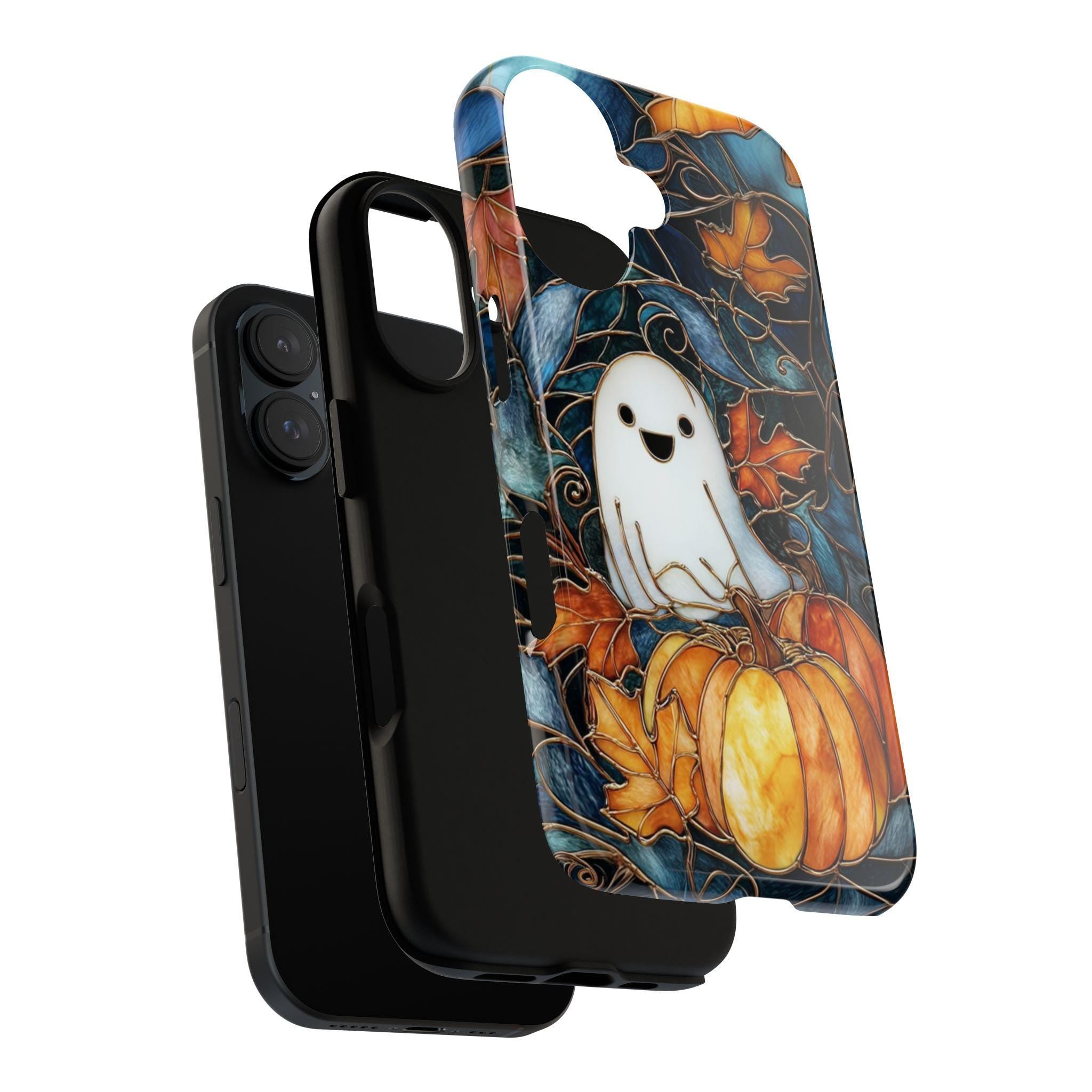 Cute Ghost Halloween Phone Case with Pumpkins | Autumn Leaves Stained Glass Style Cover for iPhone 17 16 Tough or Magsafe, Samsung, 475.26