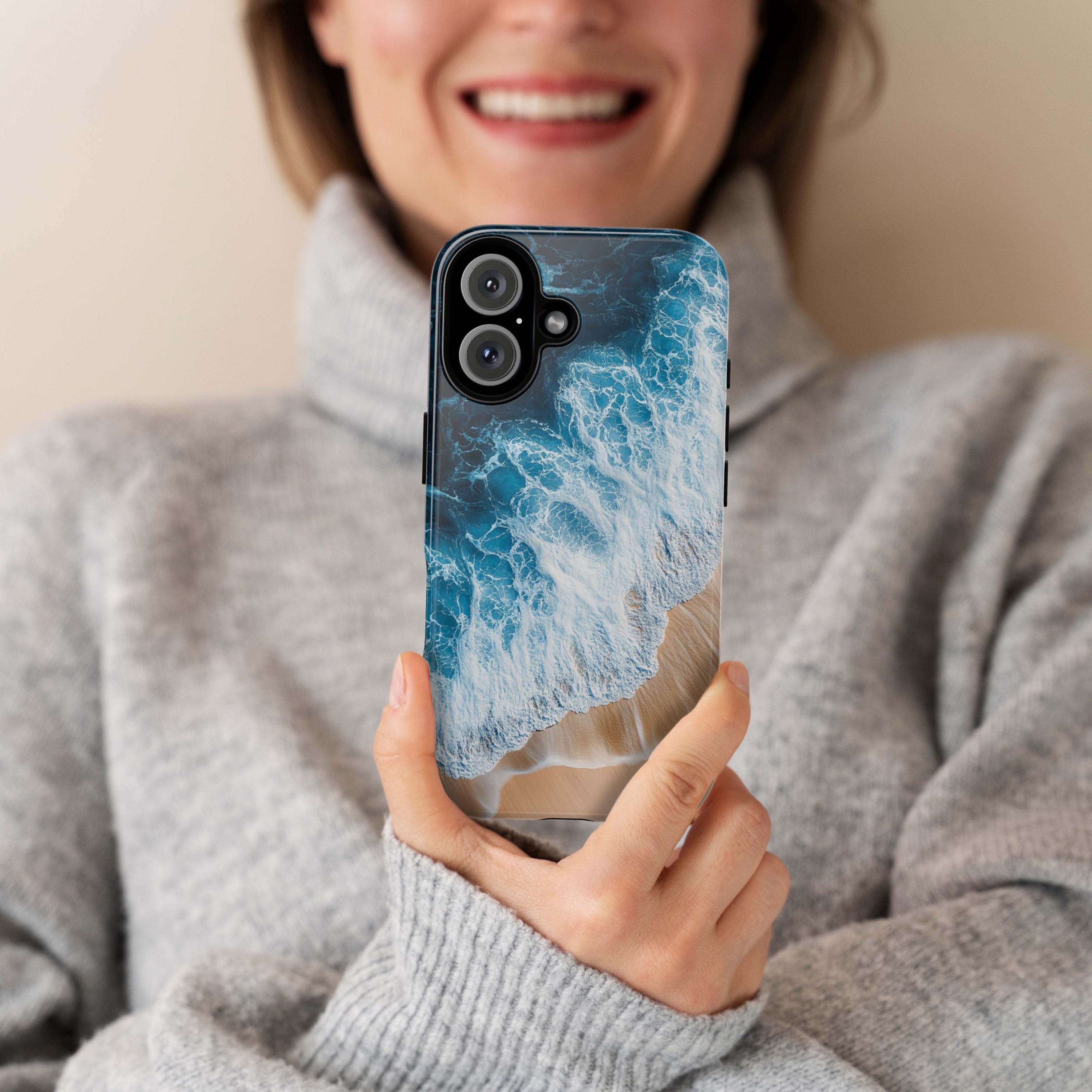 Ocean Wave & Beach Phone Case, Sea Foam and Sand Design, 3D Coastal Art Phone Case for iPhone 16 15 14 Magsafe, Samsung S25, 466.7