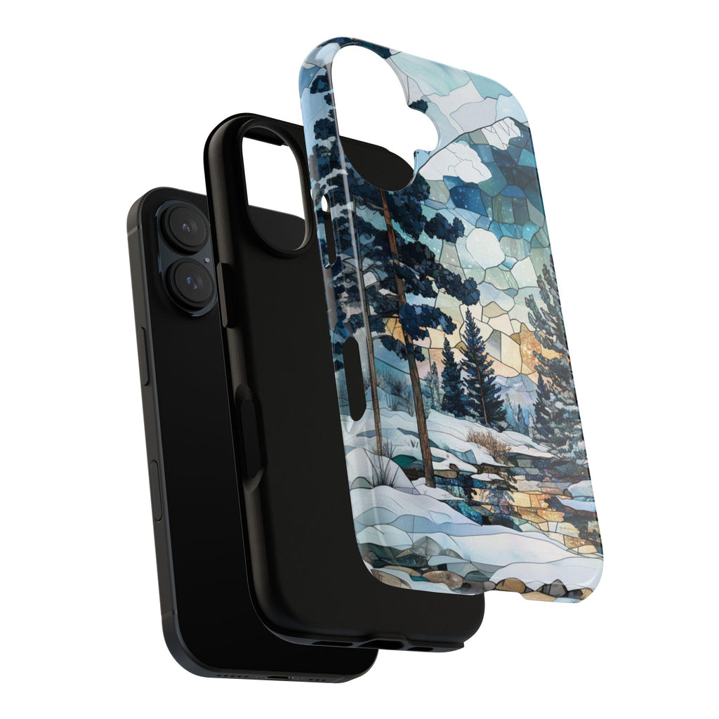 3D Winter Landscape Stained Glass Design Phone Case, Winter Forest Phone Cover for iPhone 15 14 13 12 11 8 Pro Max Plus, Samsung S25, 420.3