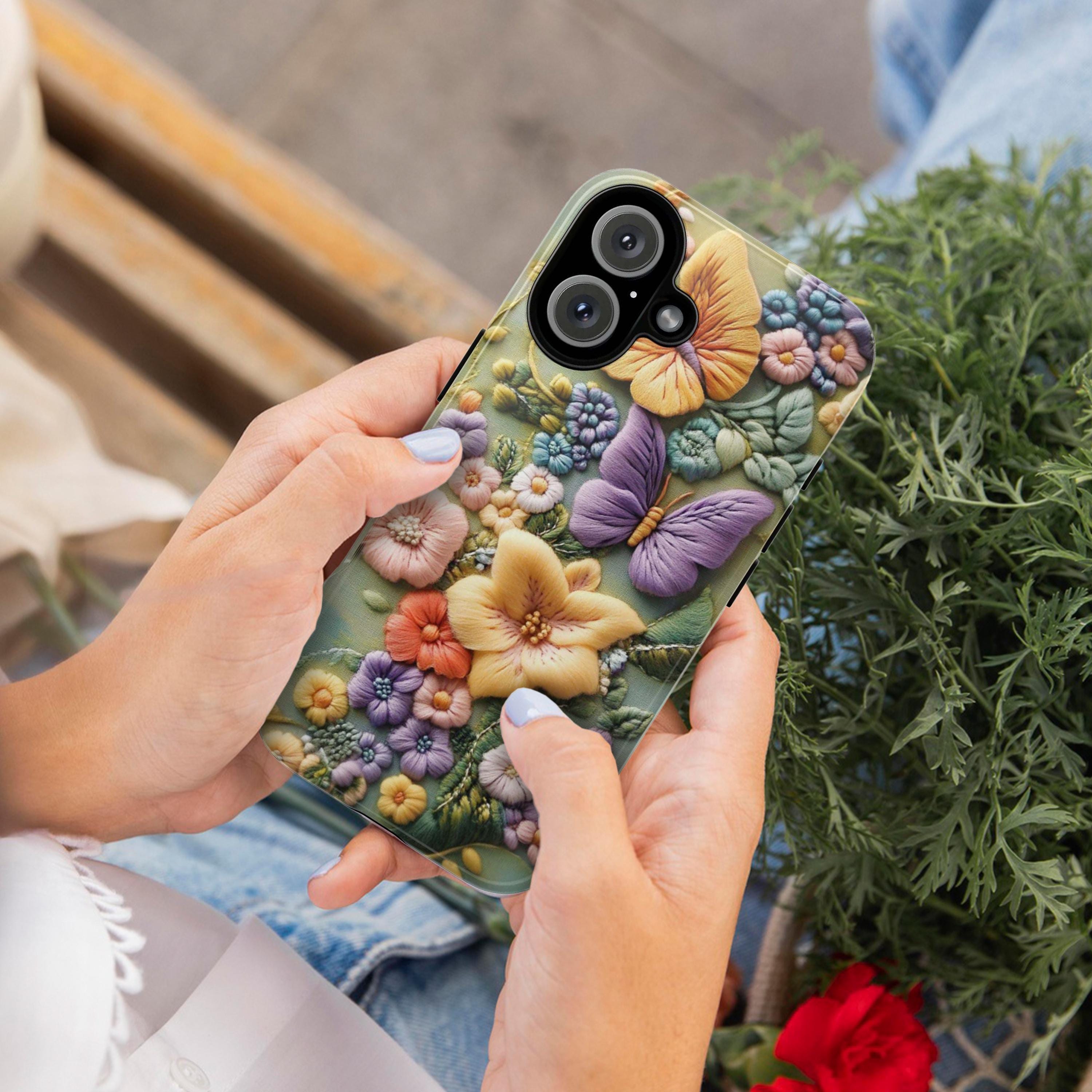 3D Embroidered effect Floral Phone Case, Botanical Flower & Butterfly Art Case for Nature Lovers iPhone Tough or Magsafe, Samsung, 452.12