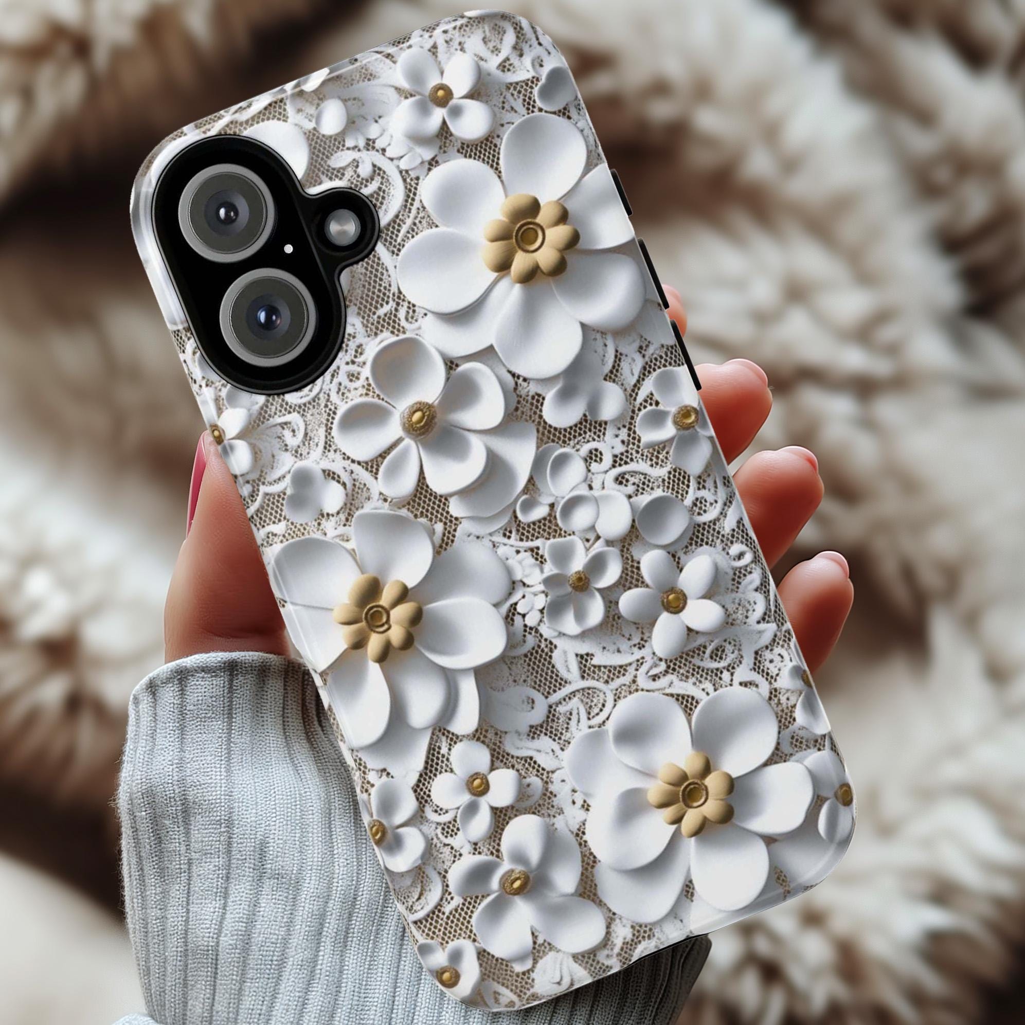 3D Effect Floral Lace Phone Case, Elegant Wedding Cover for Bride or Bridesmaid, Bridal Party Gift iPhone Tough or Magsafe, Samsung, 439.78