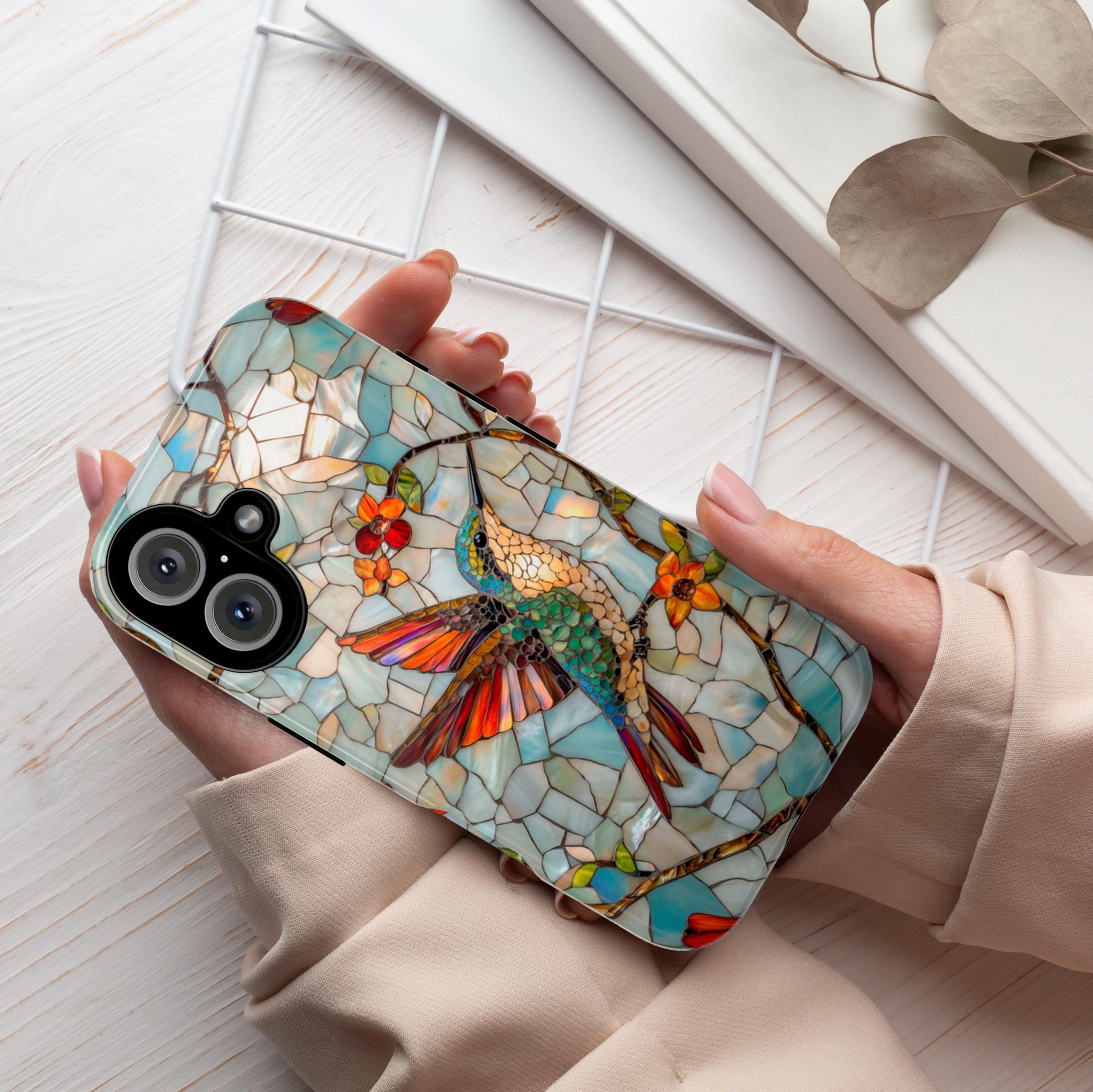 3D Hummingbird Stained Glass Effect Phone Case - Mosaic Case for iPhone 16 Pro Max 15 14 13 12 11 Plus, Samsung S24 Ultra S25, 419.2
