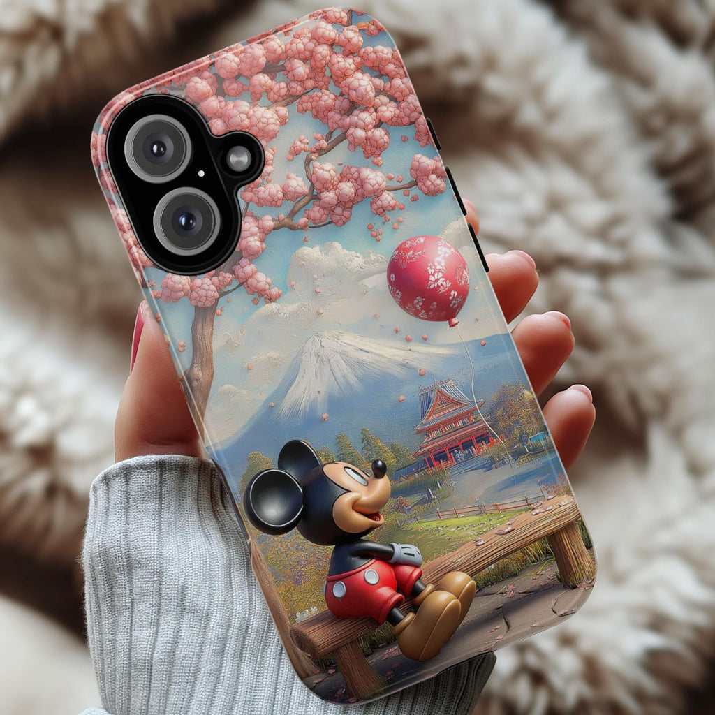 Cherry Blossom and Mountains Mickey Mouse Phone Case, Tokyo Disneyland Phone Cover for iPhone 16, 15, 14 Magsafe & Samsung, Pixel, 442.48