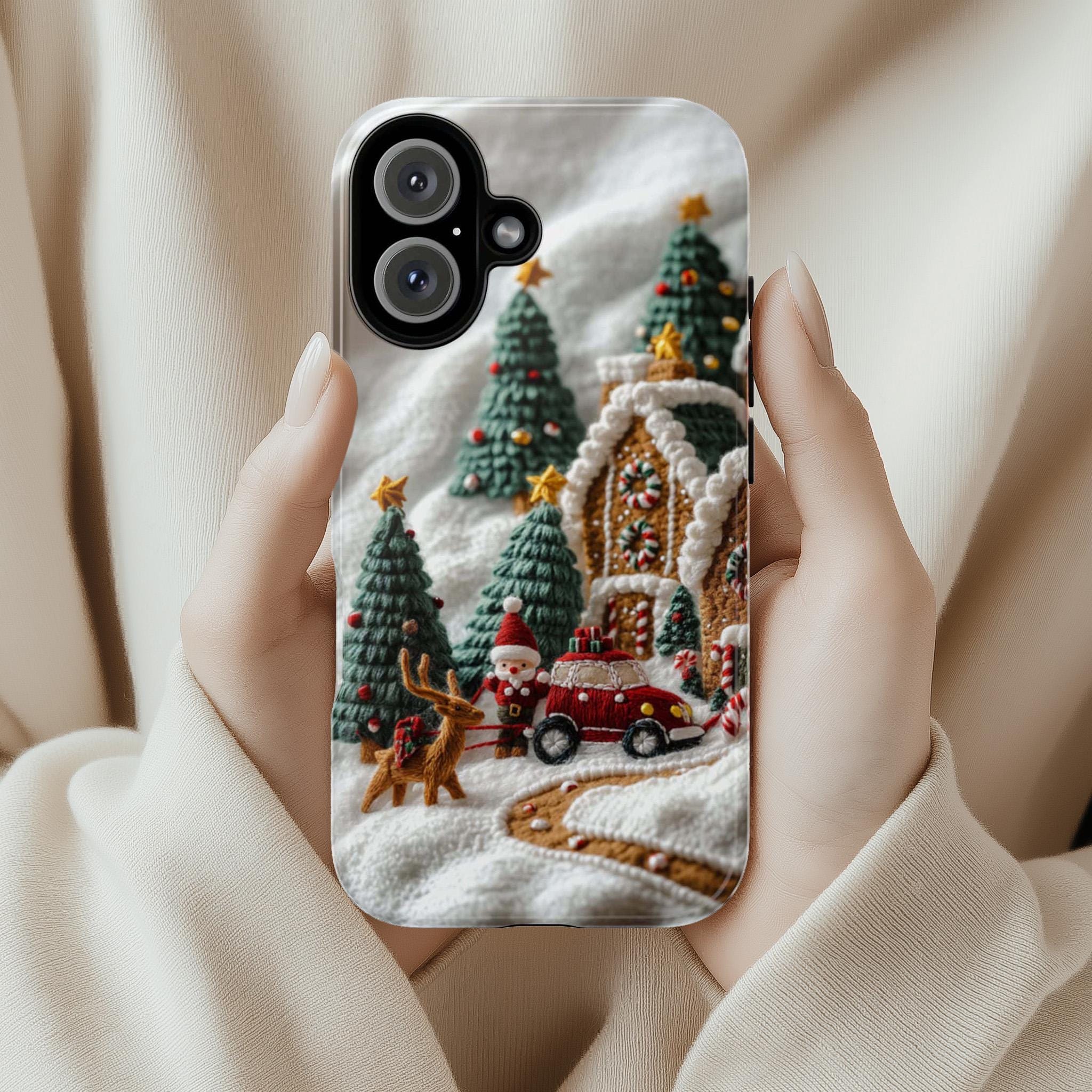 Winter Scene Embroidery MagSafe Phone Case, Cozy Winter Forest with Gingerbread House Phone 15 14 13 12 Pro Max Plus / Samsung S24, 444.11