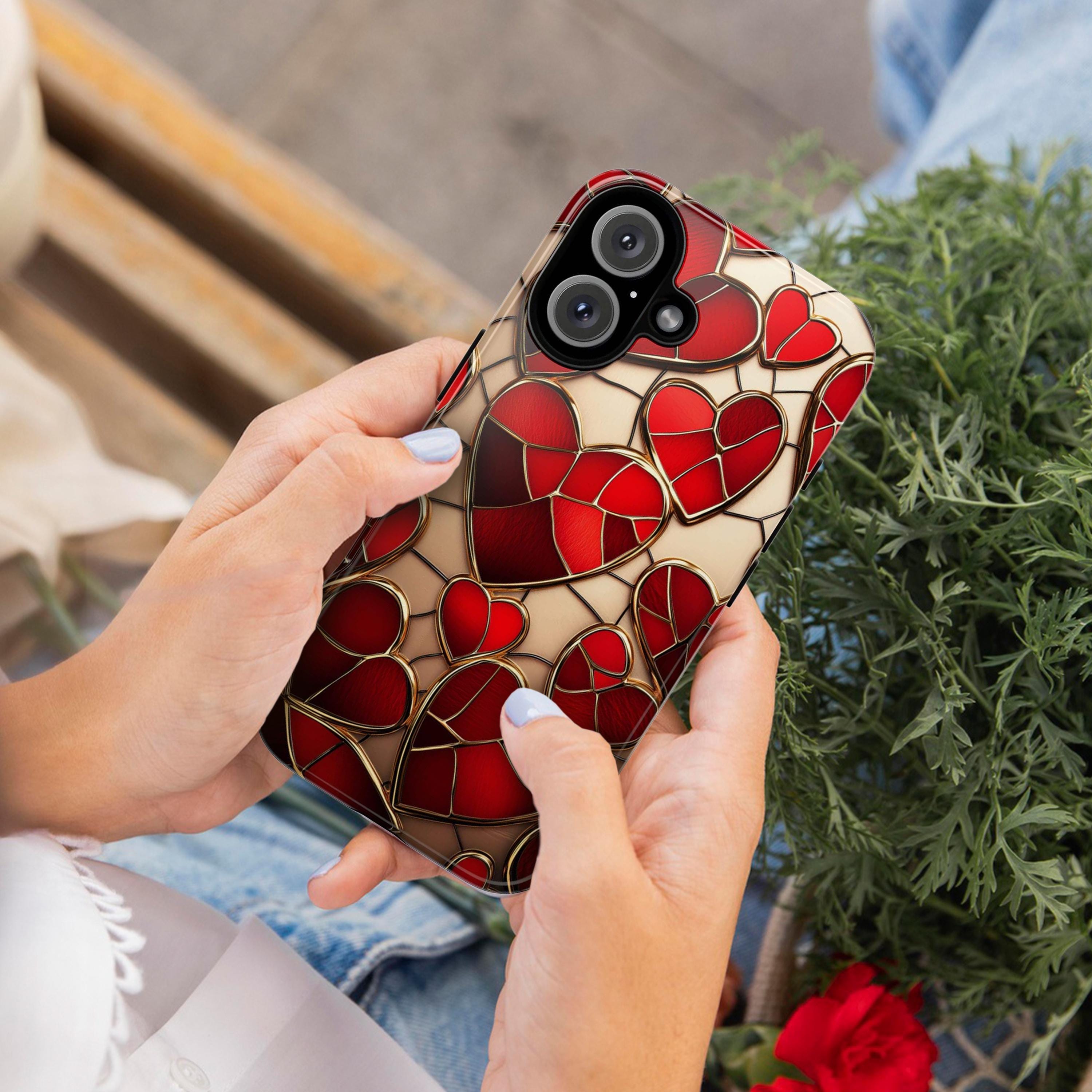 Stained Glass Red Hearts Phone Case - Romantic 3D Design, Perfect for Valentines Day Gift, Artistic Case for iPhone Magsafe, Samsung, 462.1