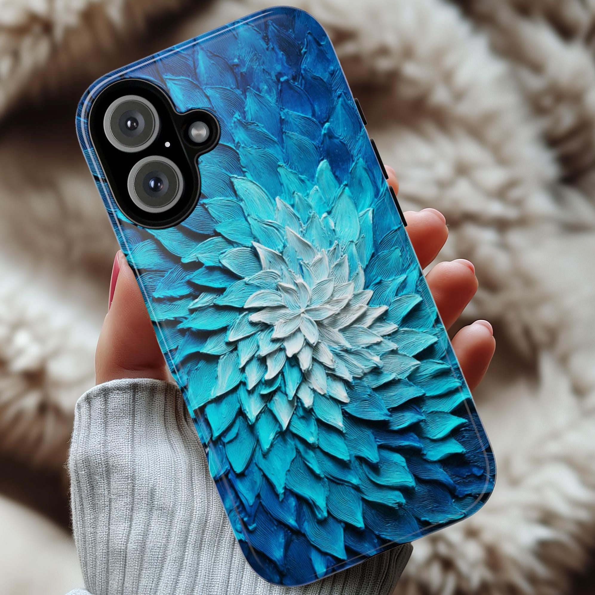 Ocean Blue Dahlia Phone Case, 3D Painted Floral Effect, Artistic Design for iPhone 16 15 14 13 Tough or Magsafe, Samsung, 476.15