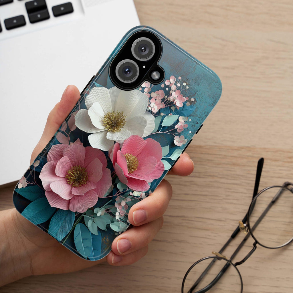Rustic Paper Art Floral Phone Case with White & Pink Flowers, 3D Botanical Design for iPhone 16 15 14 13 Tough or Magsafe, Samsung, 470.16