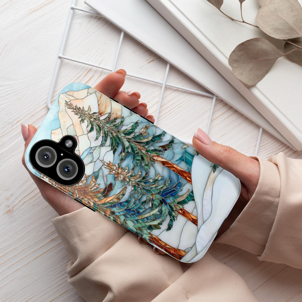 Winter Landscape Pine Trees Stained Glass Effect Phone Case, Xmas Phone Cover for iPhone 16 15 14 13 Pro Max Plus Magsafe, Galaxy S25, 420.2