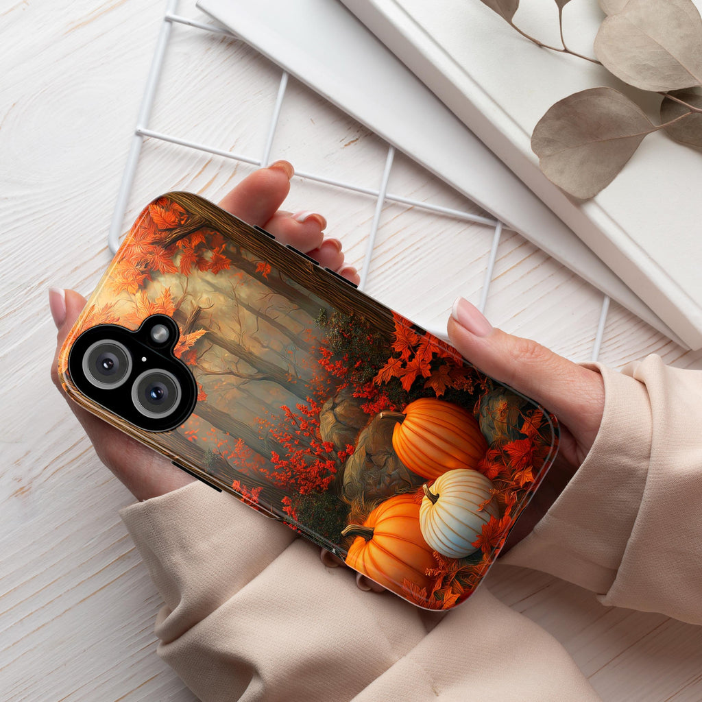 Autumn Pumpkin Forest Phone Case, Fall Natural Woodland Seasonal Fall Leaves Cover for iPhone 16 15 14 Tough or Magsafe, Samsung, 475.18