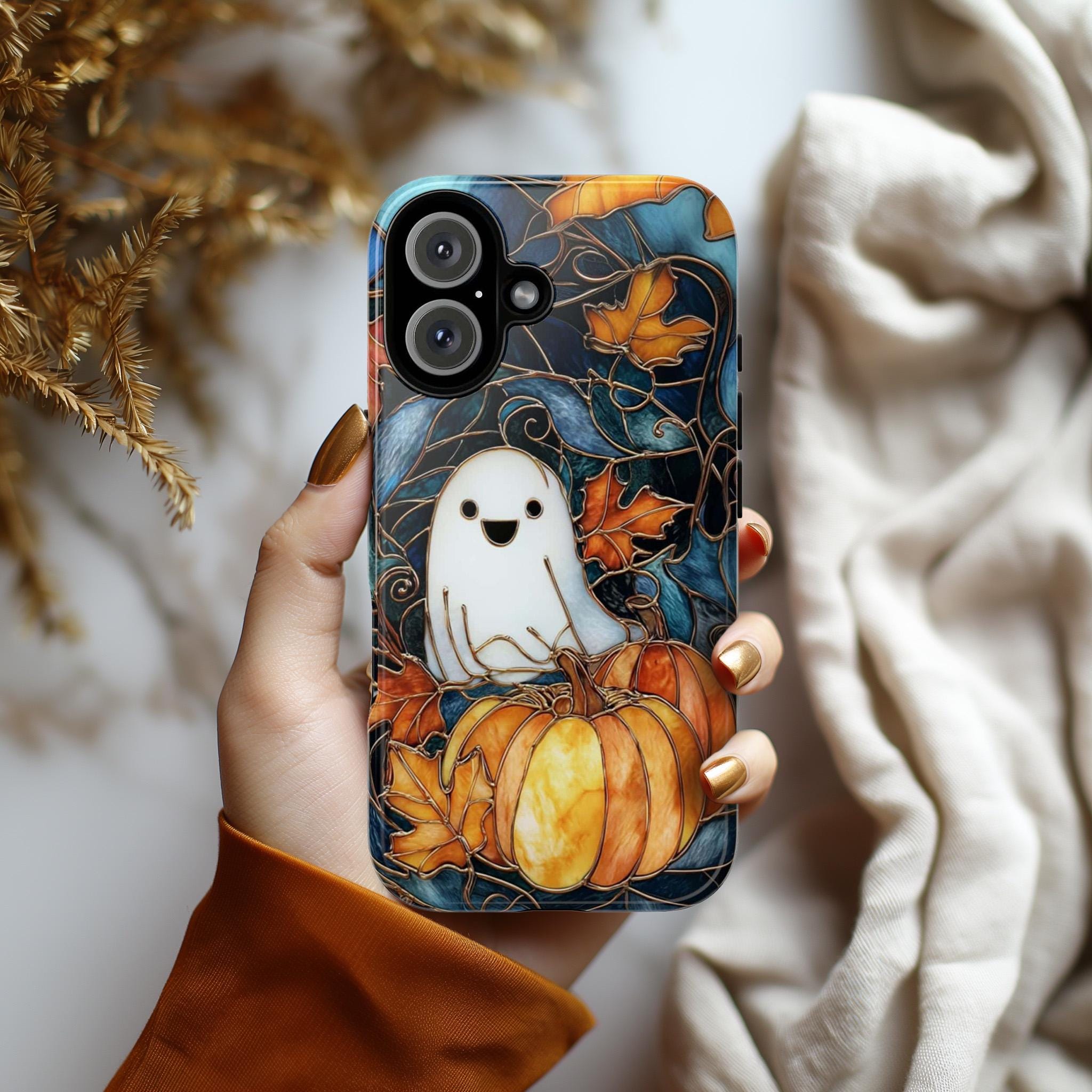 Cute Ghost Halloween Phone Case with Pumpkins | Autumn Leaves Stained Glass Style Cover for iPhone 17 16 Tough or Magsafe, Samsung, 475.26