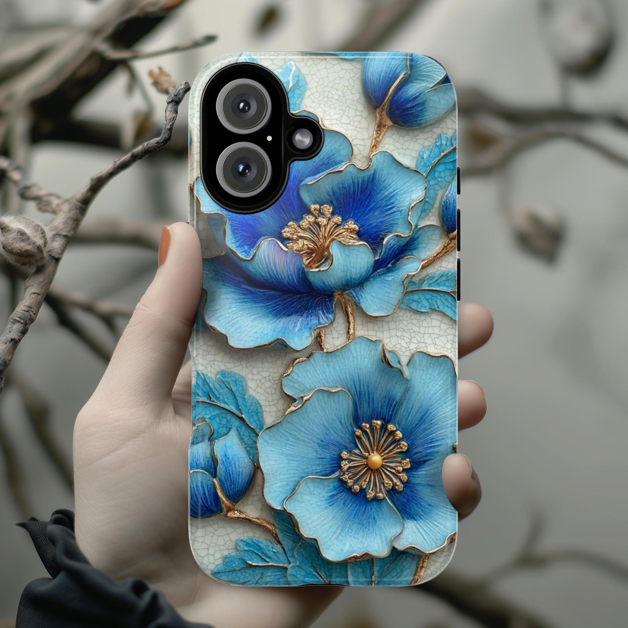 3D Turquoise Blue Floral Phone Case, Elegant Mosaic Design Stylish Accessory Textured 3D Effect for iPhone Tough or Magsafe, Samsung, 476.13