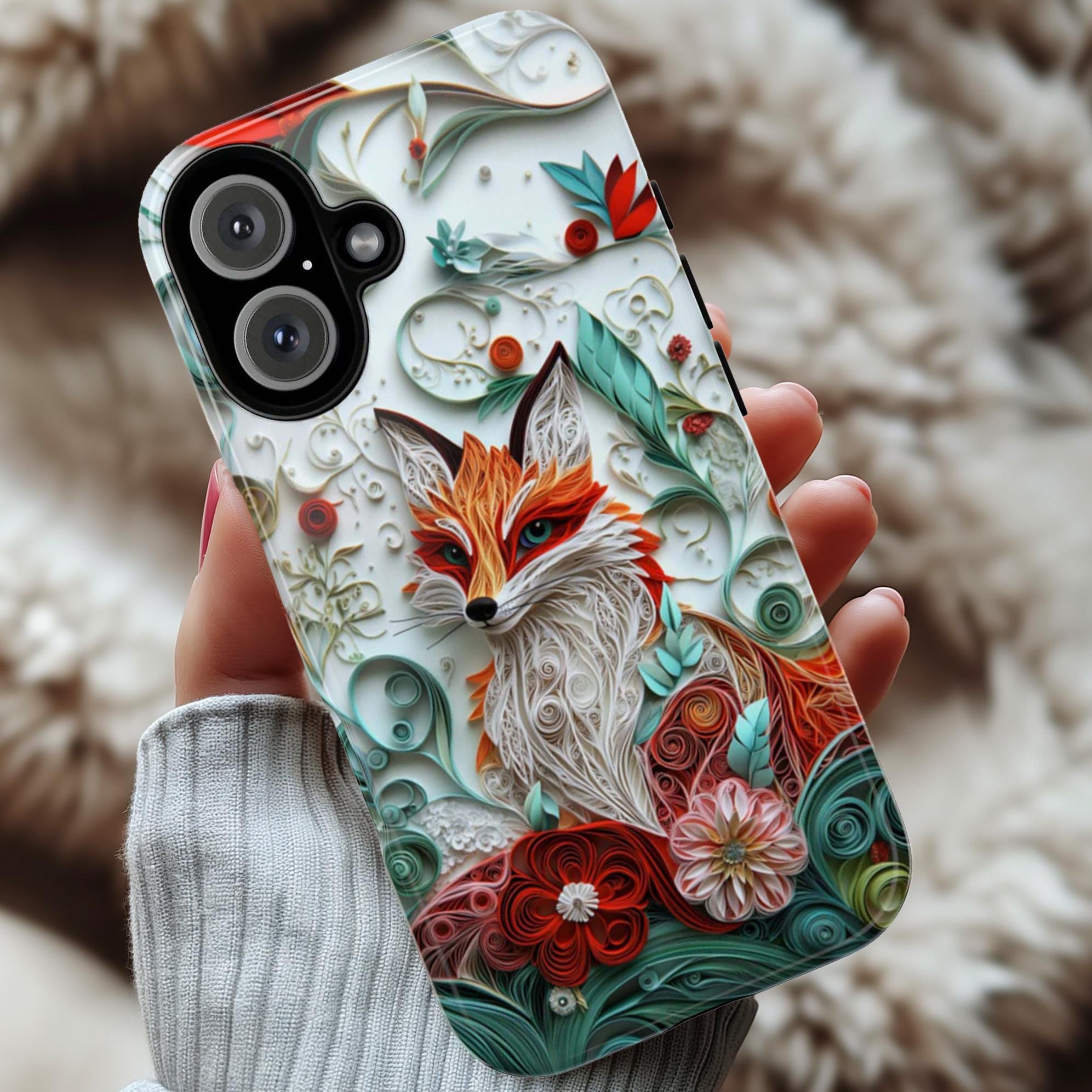 3D Paper Art Fox Phone Case with Floral Design | Nature Woodland Animal Phone Cover for iPhone 17 16 15 Tough or Magsafe, Samsung, 470.19